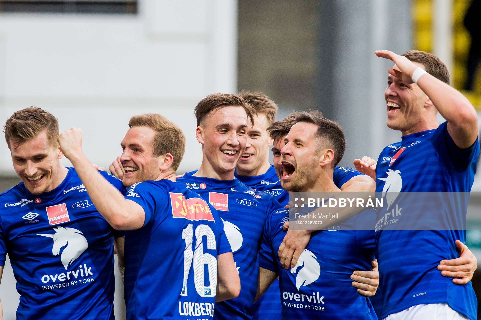 Mads Reginiussen of Ranheim celebrates with his teammates