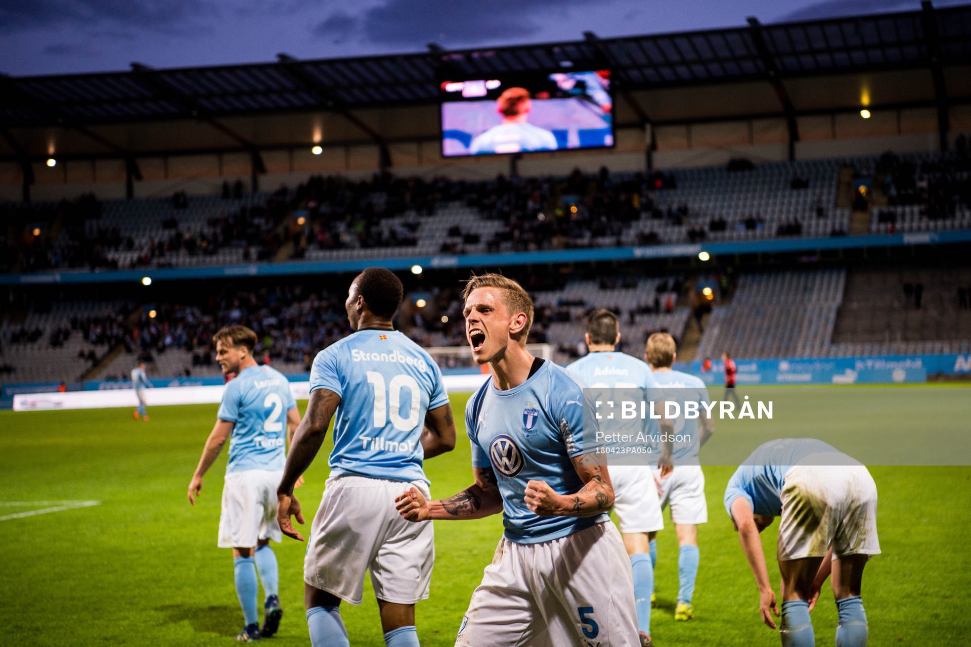 Malmö FFs Sören Rieks jublar efter sitt 3-1 mål under fotbollsmatchen i Allsvenskan mellan Malmö FF och Brommapojkarna den 23 april 2018 i Malmö.
