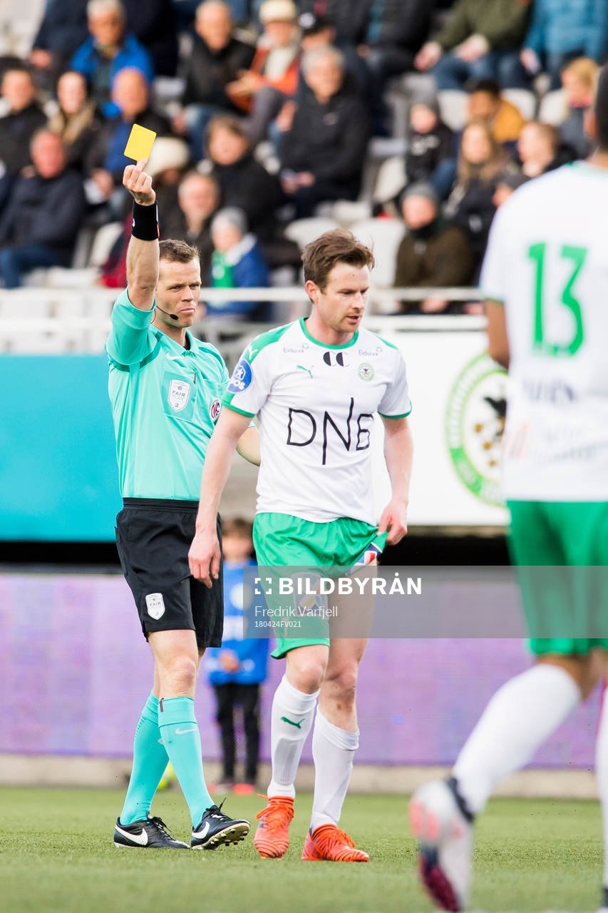Petter Vaagan Moen of HamKam is shown a yellow card by