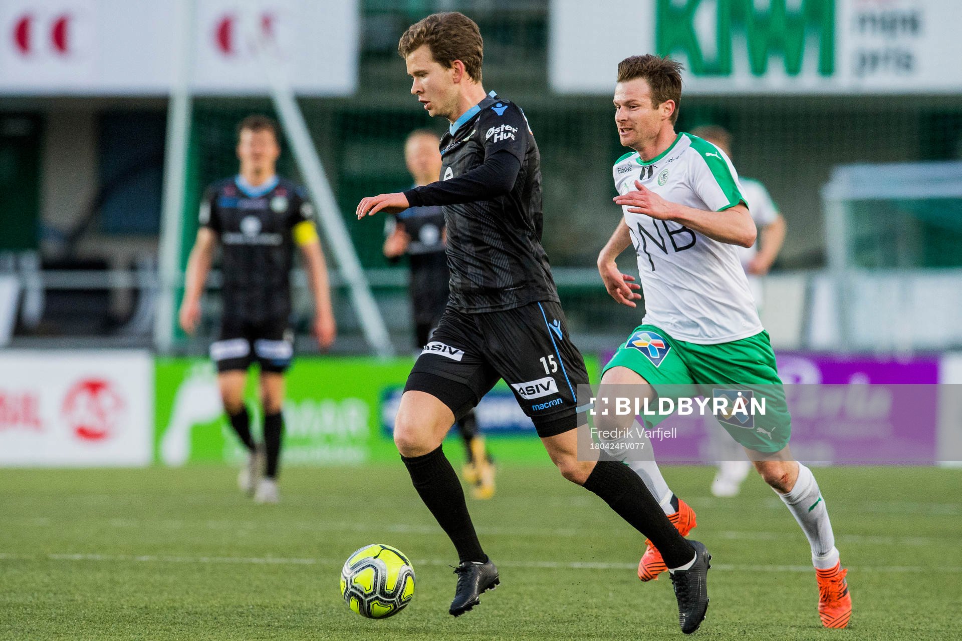 Vegard Østraat Erlien of Sandnes Ulf and Petter Vaagan Moen of HamKam during the OBOS-ligaen match between HamKam and Sandnes Ulf on April 24, 2018 in Hamar.