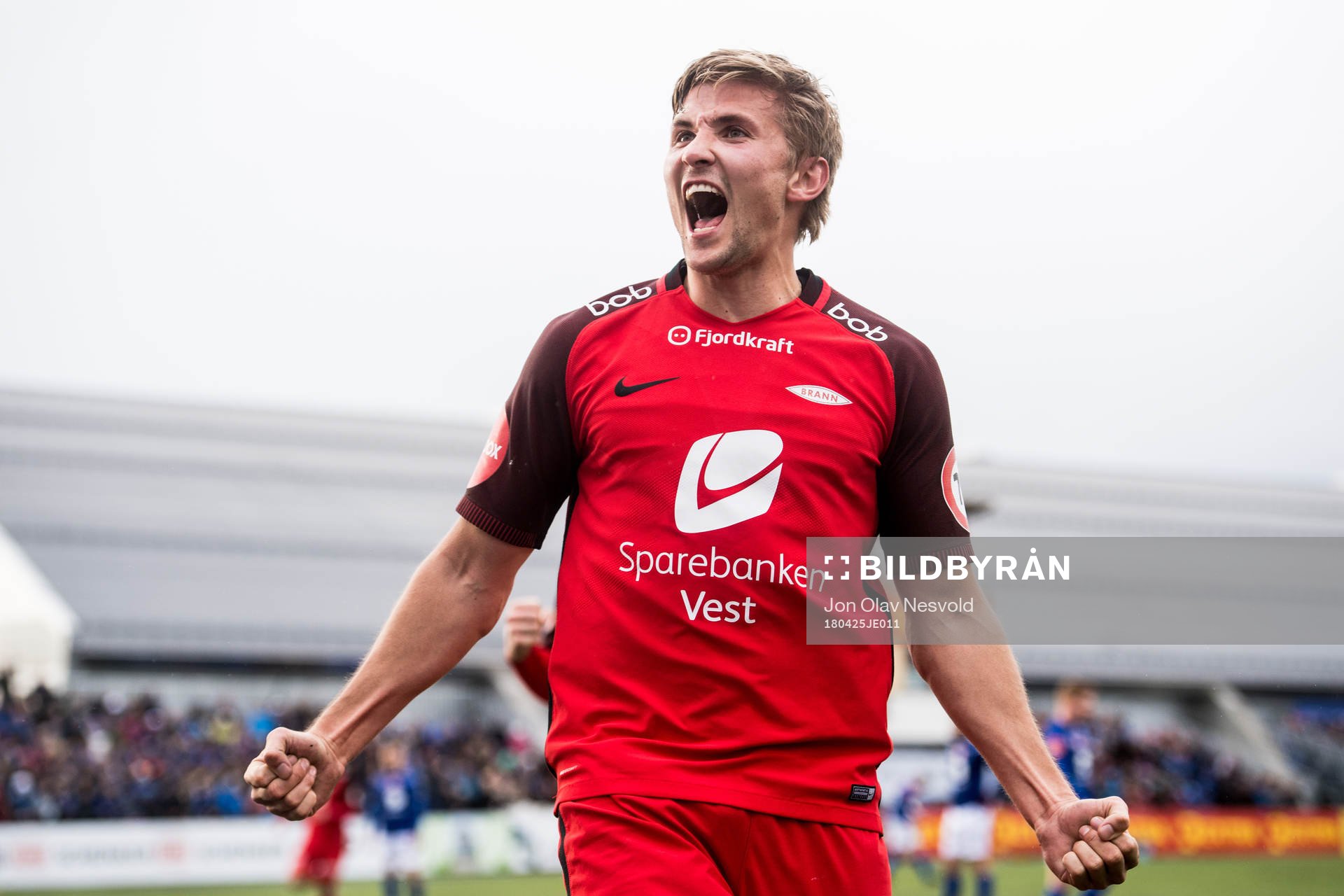 Steffen Lie Skålevik of Brann celebrates scoring 1-0 during the Eliteserien match between Ranheim and Brann on April 25, 2018 in Trondheim.