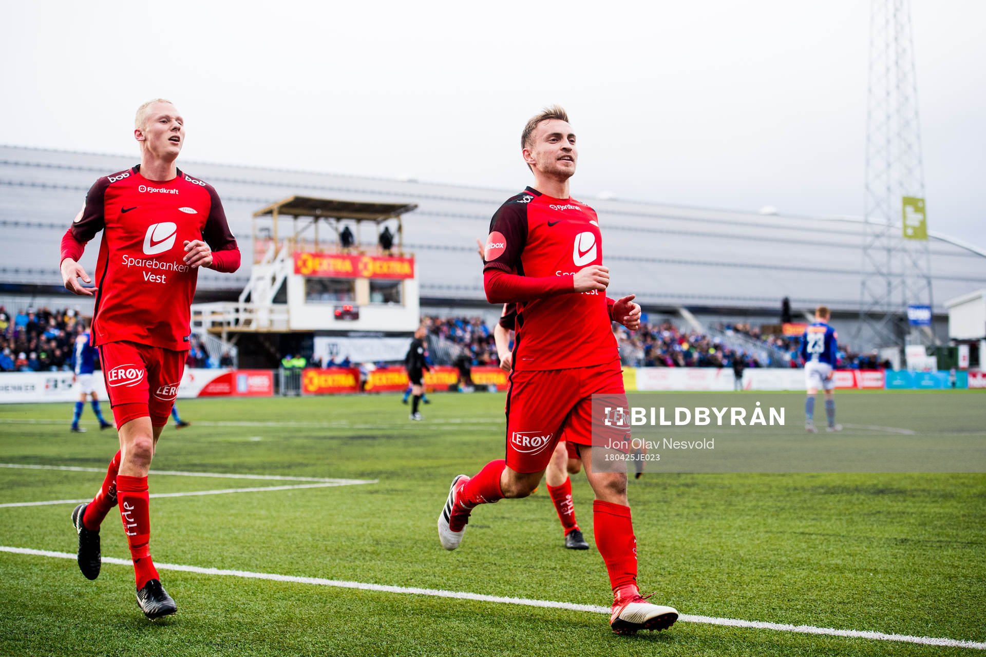 Kristoffer Barmen and Amer Ordagic of Brann celebrate 1-0 during the Eliteserien match between Ranheim and Brann on April 25, 2018 in Trondheim.