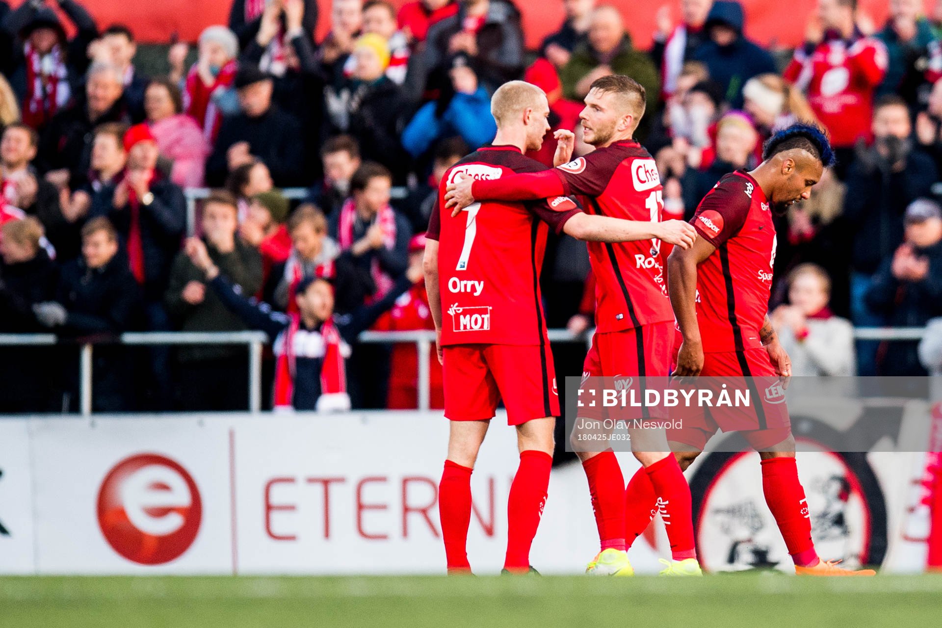 Peter Orry Larsen and Gilli Rolantsson of Brann celebrate after the Eliteserien match between Ranheim and Brann on April 25, 2018 in Trondheim.