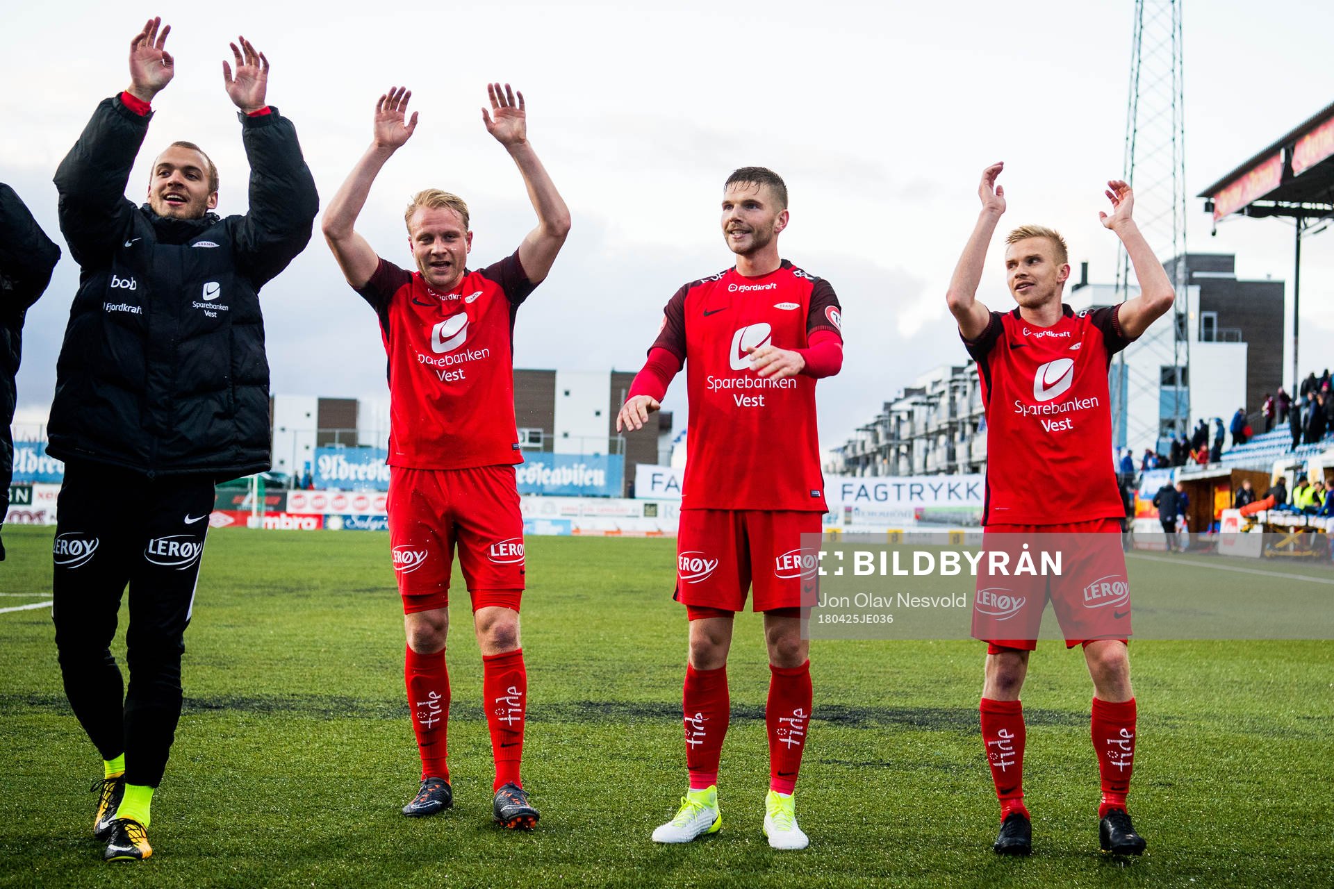 Players of Brann celebrate after the Eliteserien match between Ranheim and Brann on April 25, 2018 in Trondheim.