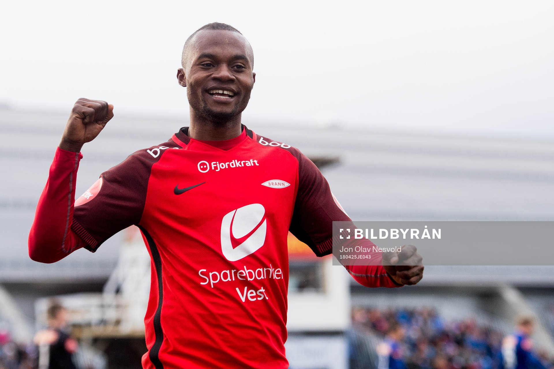 Gilbert Koomson of Brann celebrates the 1-0 goal during the Eliteserien match between Ranheim and Brann on April 25, 2018 in Trondheim.