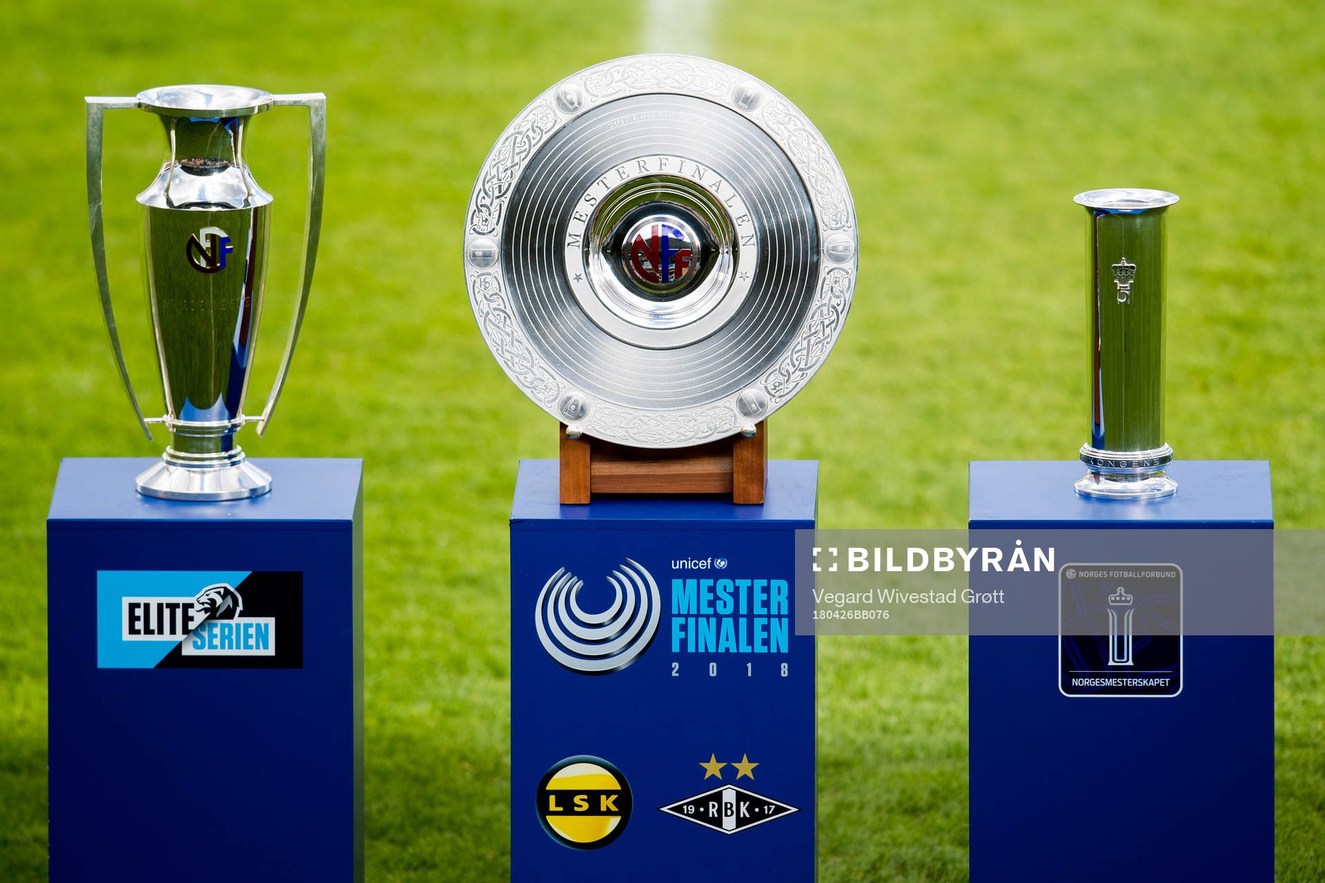 The trophies ahead of the UNICEF Mesterfinale match between Lillestrøm and Rosenborg on April 26, 2018 in Lillestrøm.