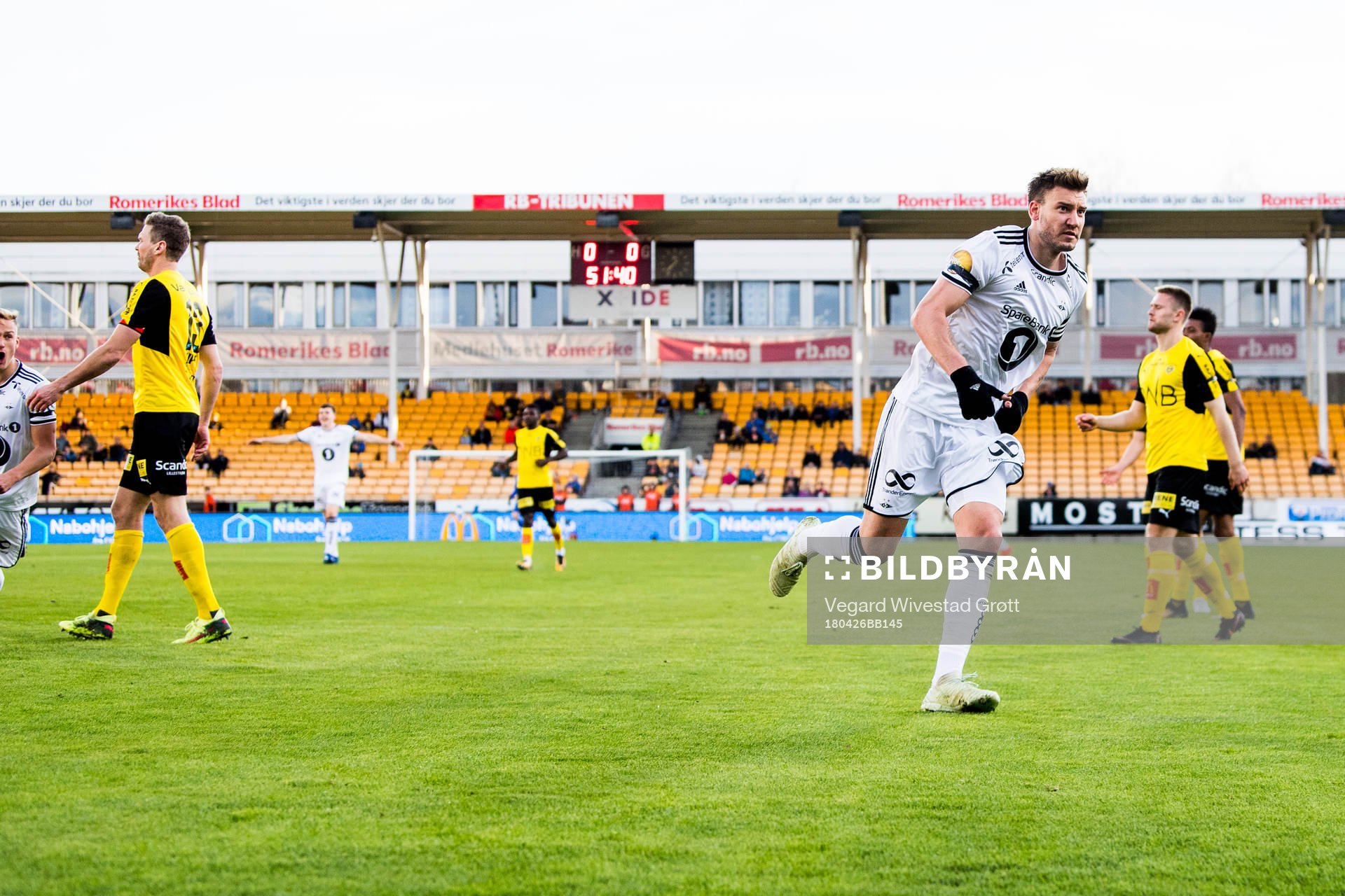 Nicklas Bendtner of Rosenborg celebrates scoring 1-0 during the UNICEF Mesterfinale match between Lillestrøm and Rosenborg on April 26, 2018 in Lillestrøm.