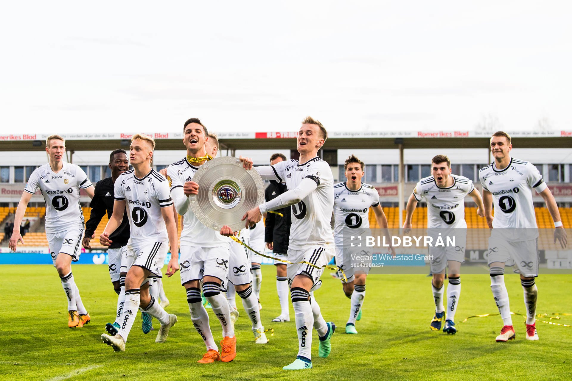 Torbjørn Lysaker Heggem, Erik Botheim, Rafik Zekhnini and Erlend Dahl Reitan of Rosenborg celebrates with the trophy after winning the UNICEF Mesterfinale match between Lillestrøm and Rosenborg on April 26, 2018 in Lillestrøm.