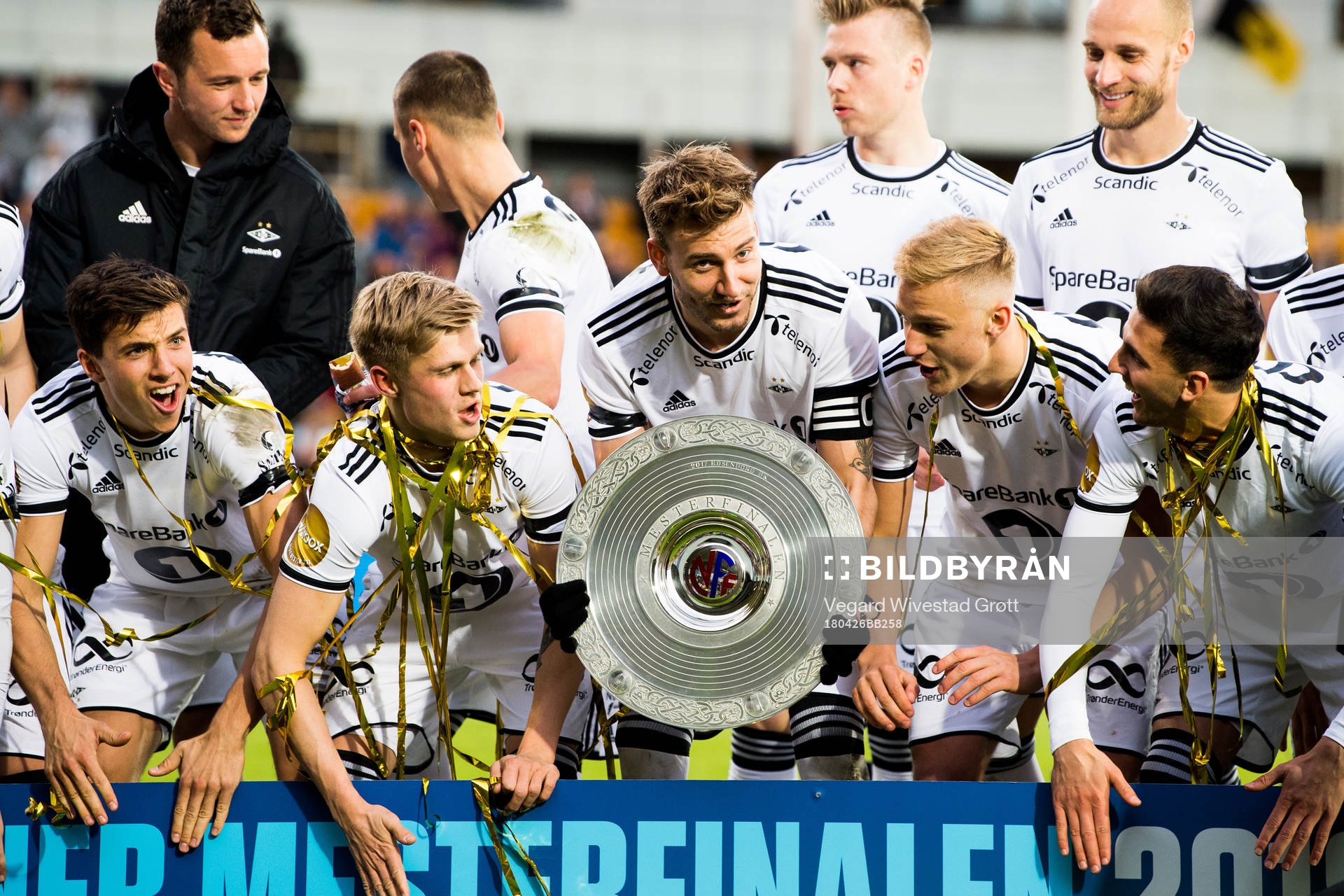 Malte Amundsen, Olaus Jair Skarsem, Nicklas Bendtner, Erik Botheim and Rafik Zekhnini of Rosenborg celebrate with the trophy after winning the UNICEF Mesterfinale match between Lillestrøm and Rosenborg on April 26, 2018 in Lillestrøm.