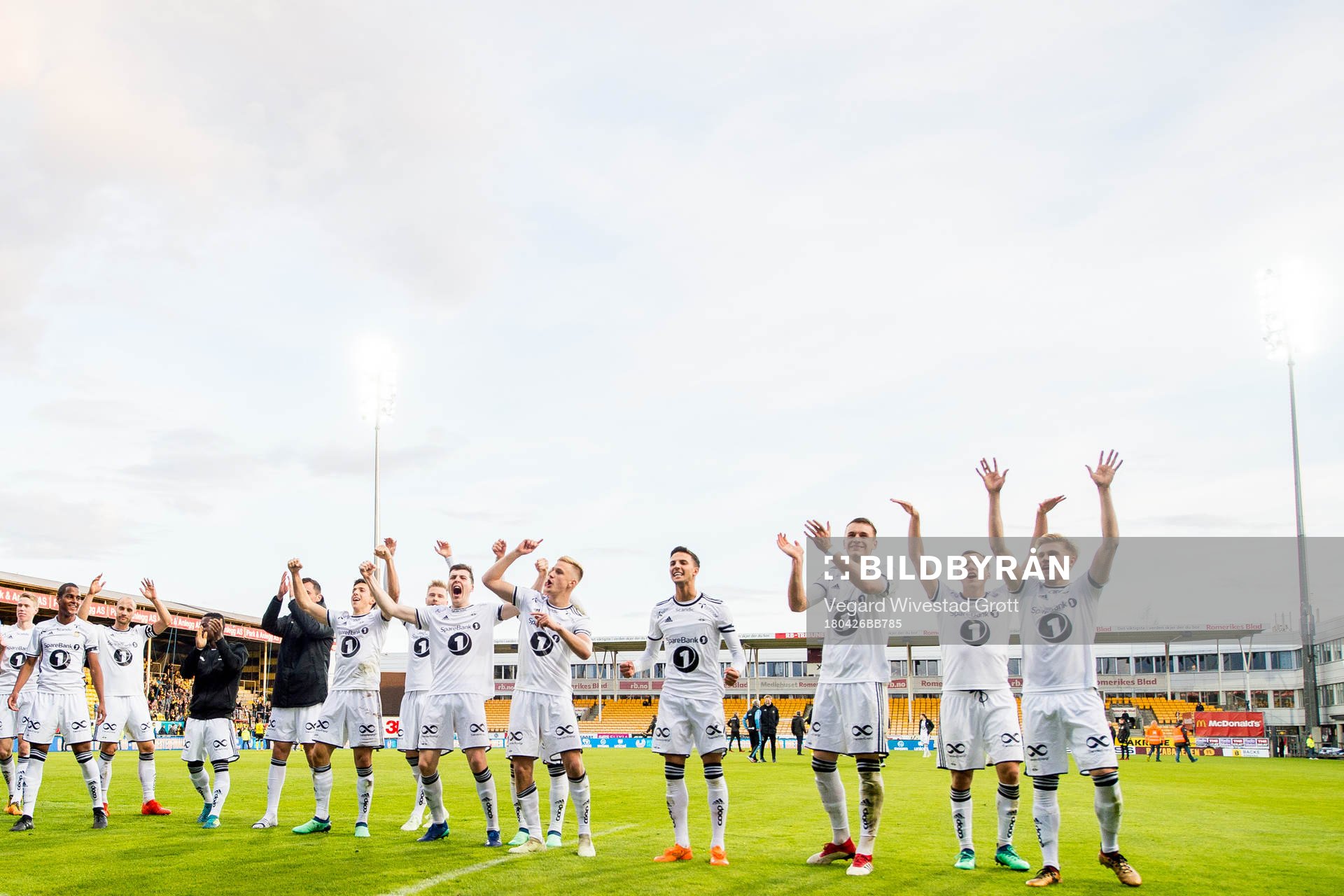 Emil Konradsen Ceide, Jacob Rasmussen, Erik Botheim, Rafik Zekhnini, Besim Serbecic, Jonathan Levi, Olaus Jair Skarsem and the teammates of Rosenborg celebrate winning the UNICEF Mesterfinale match between Lillestrøm and Rosenborg on April 26, 2018 in Lillestrøm.