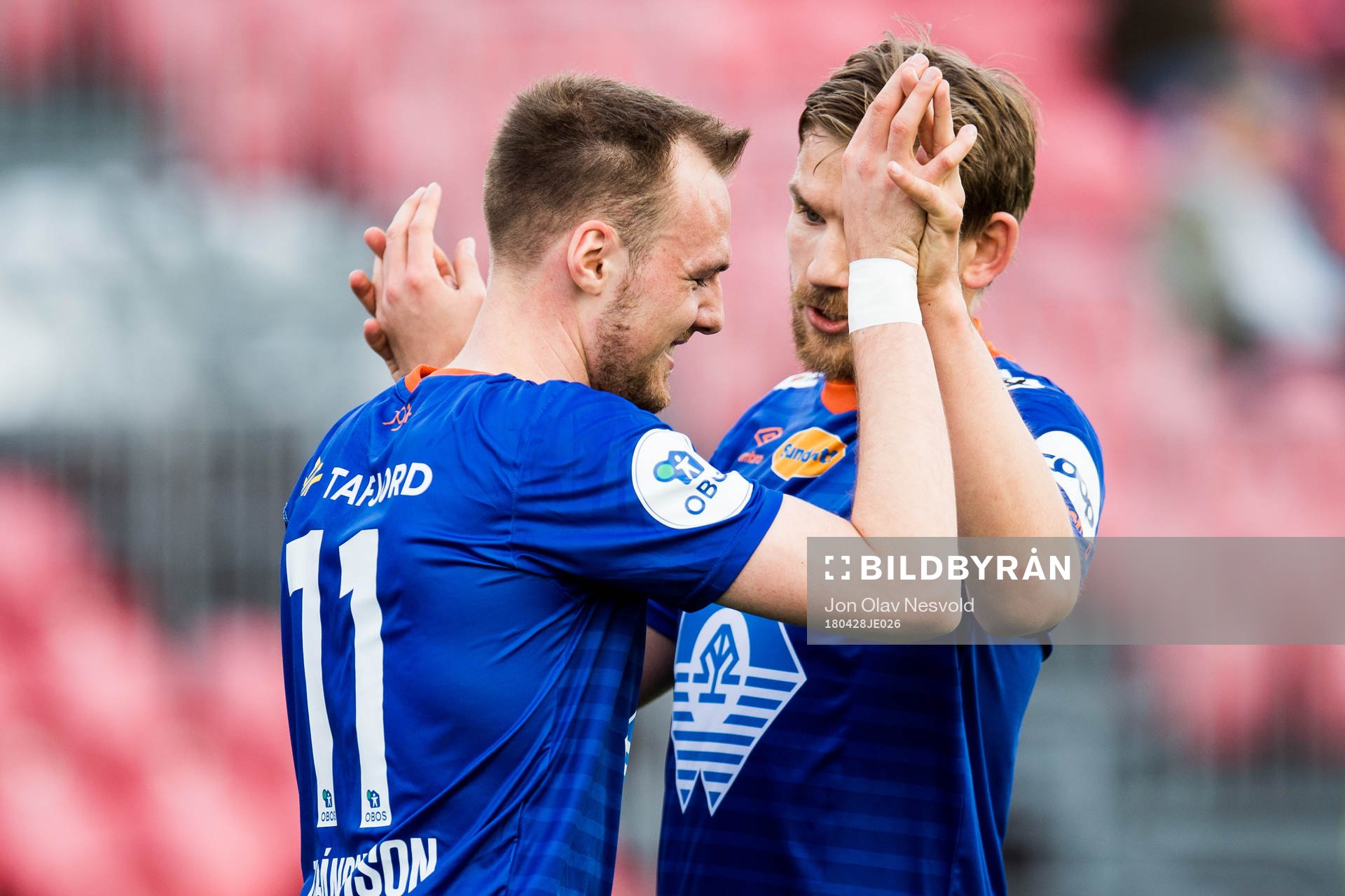 Aron Elís Thrándarson of Aalesund celebrates the 0-1 goal together with Oddbjørn Lie during the OBOS-ligaen match between Kongsvinger and Aalesund on April 28, 2018 in Kongsvinger.
