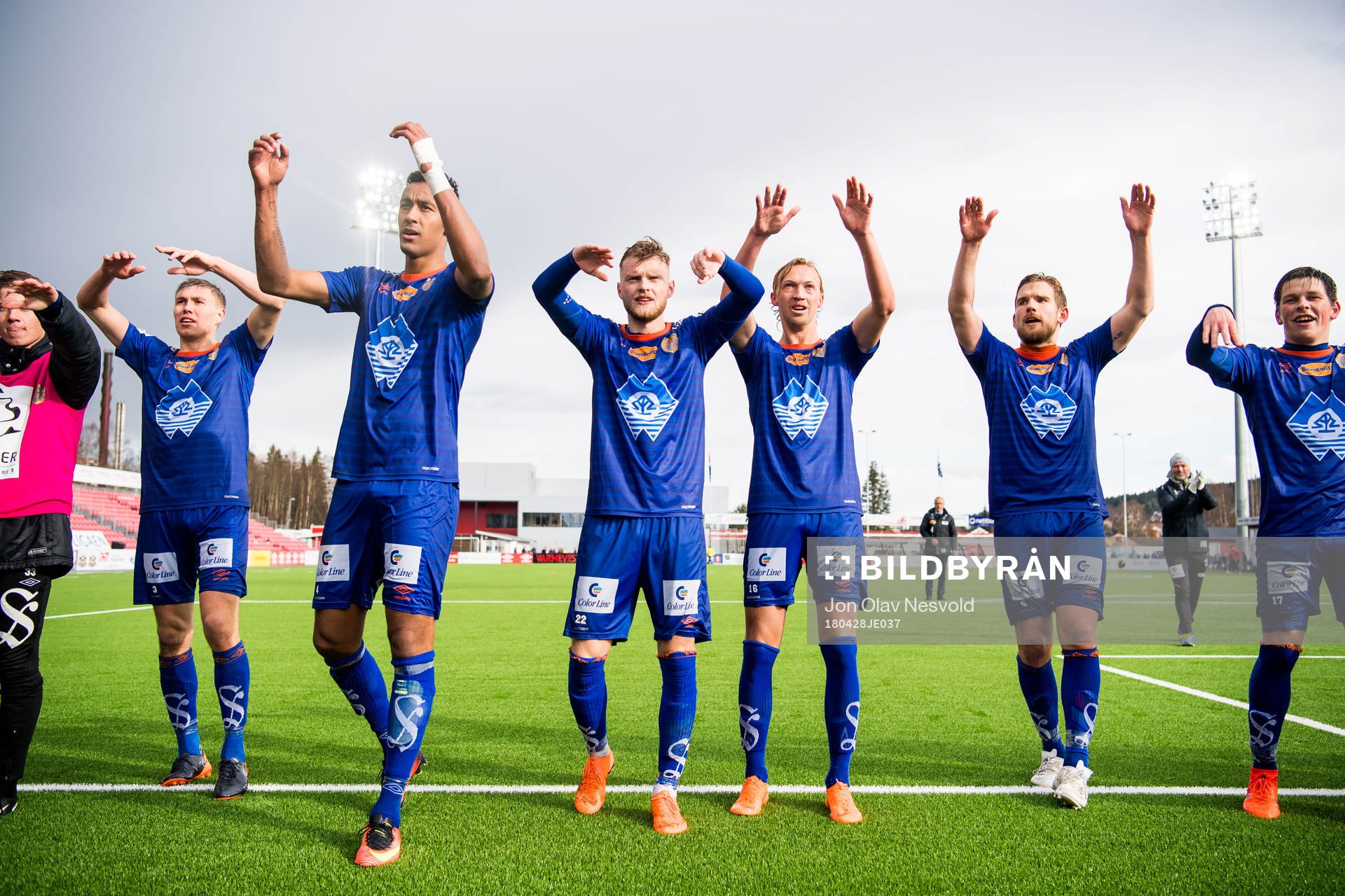 Daníel Grétarsson, Sonni Nattestad, Adam Örn Arnarson, Jørgen Hatlehol, Oddbjørn Lie and Sondre Fet of Aalesund celebrate after the OBOS-ligaen match between Kongsvinger and Aalesund on April 28, 2018 in Kongsvinger.