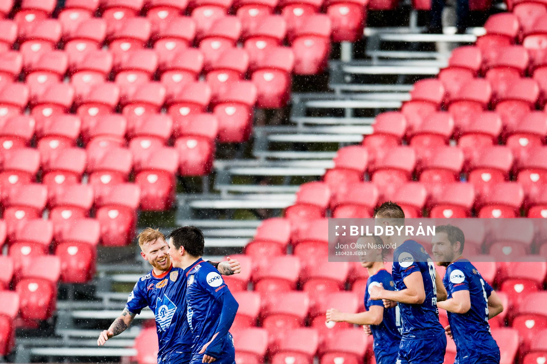 Fredrik Carlsen, Sondre Fet, Jørgen Hatlehol, Hólmbert Fridjónsson and Oddbjørn Lie of Aalesund celebrate the 1-3 goal during the OBOS-ligaen match between Kongsvinger and Aalesund on April 28, 2018 in Kongsvinger.