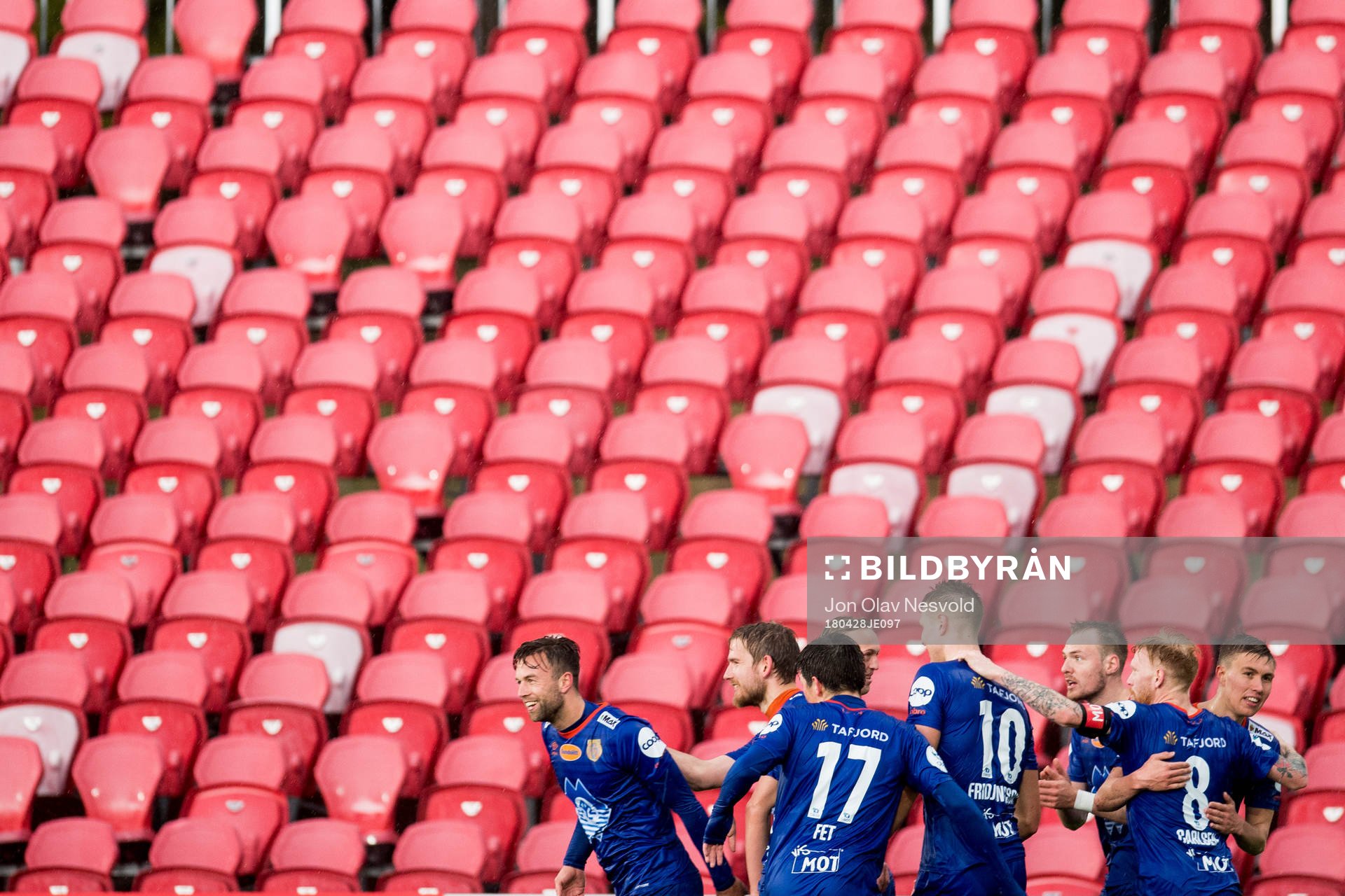 The players of Aalesund celebrate the 1-3 goal during the OBOS-ligaen match between Kongsvinger and Aalesund on April 28, 2018 in Kongsvinger.