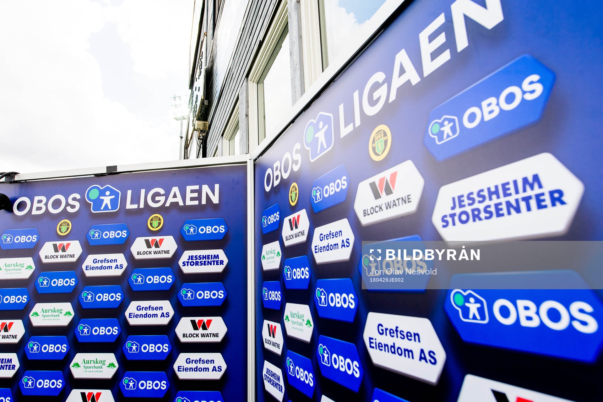 An advertising board of OBOS-ligaen at Jessheim Stadion