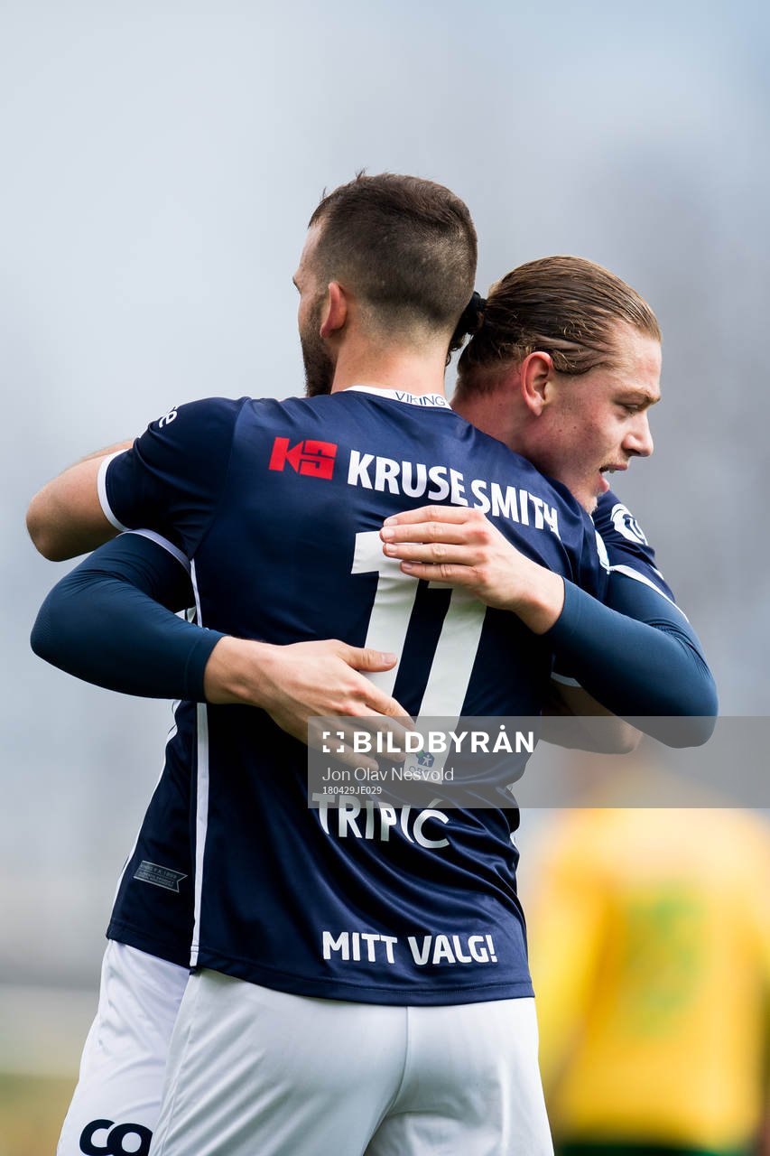 Julian Ryerson and Zlatko Tripic of Viking celebrate 1-4 during the OBOS-ligaen match between Ull/Kisa and Viking on April 29, 2018 in Jessheim.