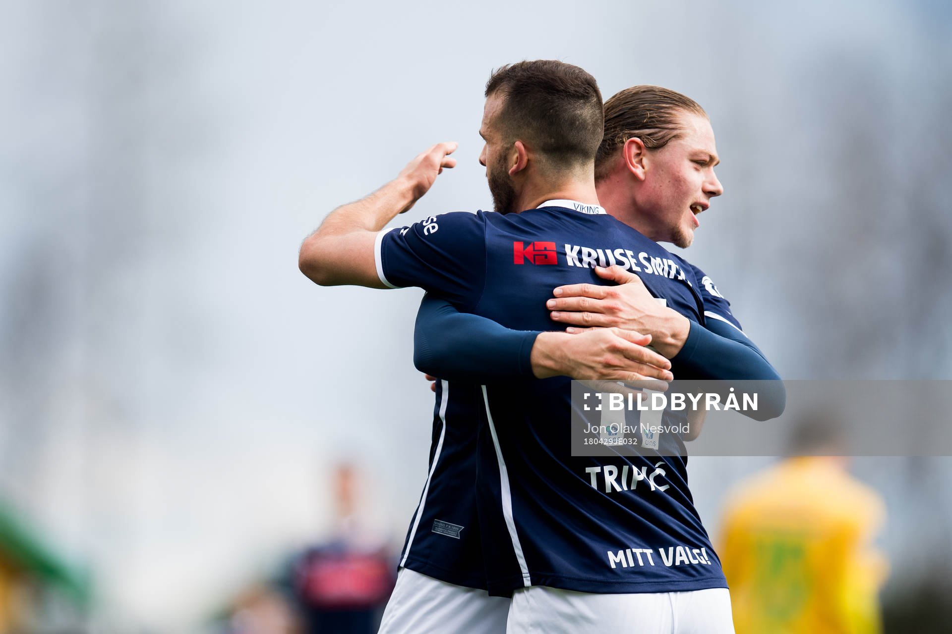 Julian Ryerson and Zlatko Tripic of Viking celebrate 1-4 during the OBOS-ligaen match between Ull/Kisa and Viking on April 29, 2018 in Jessheim.