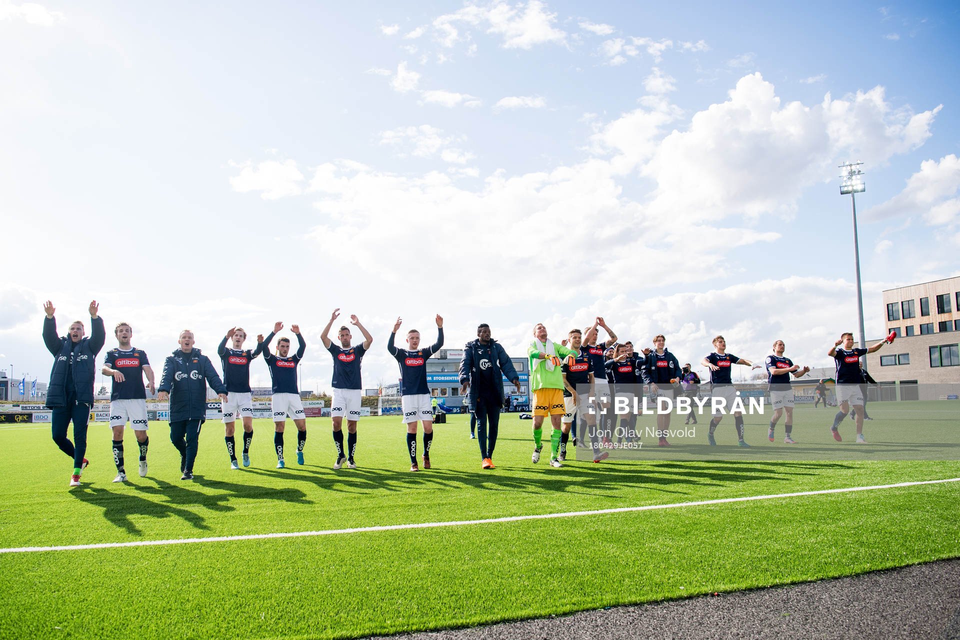 Players of Viking celebrate after the OBOS-ligaen match between Ull/Kisa and Viking on April 29, 2018 in Jessheim.