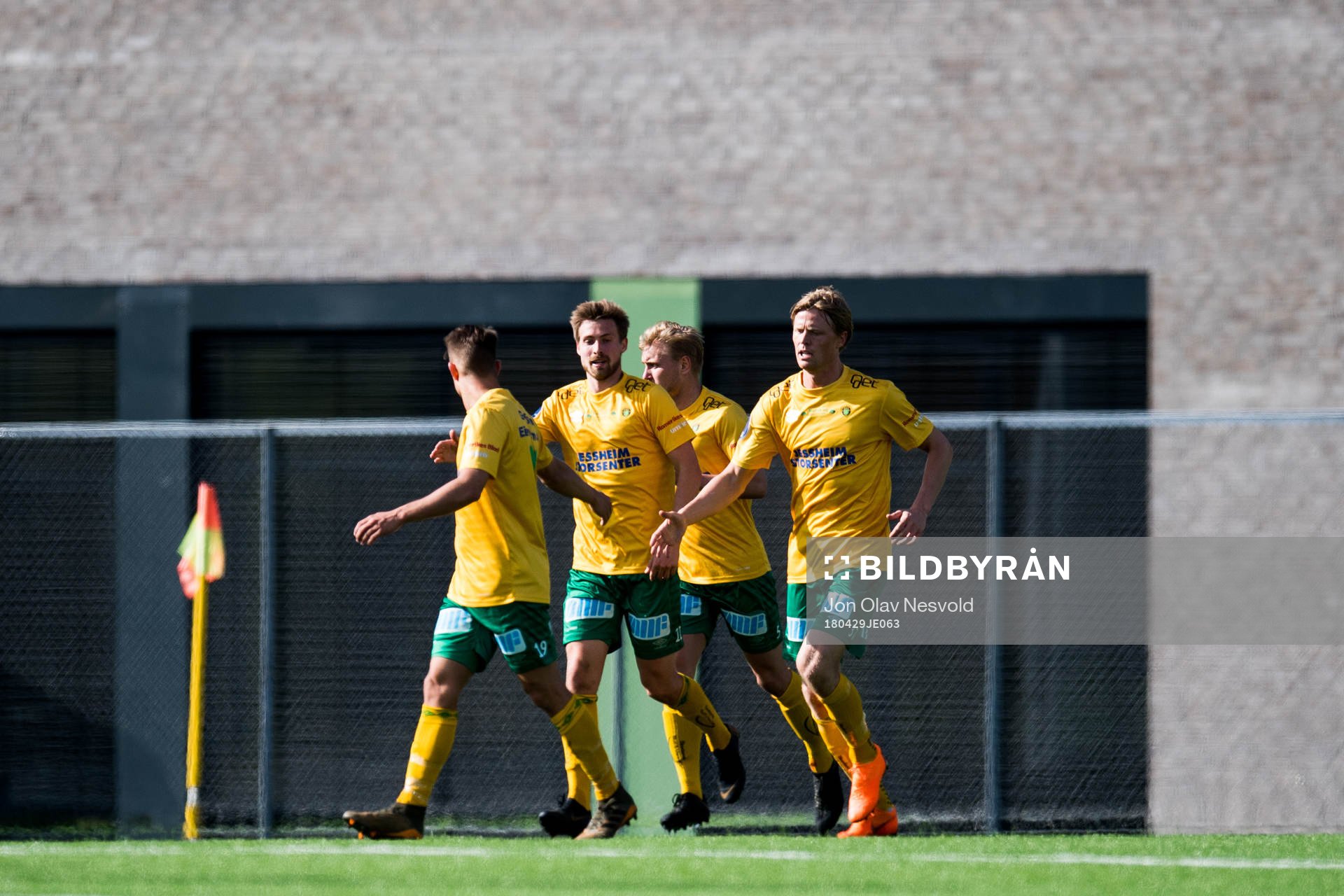 Players of Ull/Kisa celebrate the 3-5 goal during the OBOS-ligaen match between Ull/Kisa and Viking on April 29, 2018 in Jessheim.