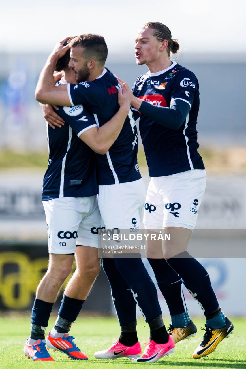 Zlatko Tripic of Viking celebrates the 1-5 goal with teammates during the OBOS-ligaen match between Ull/Kisa and Viking on April 29, 2018 in Jessheim.