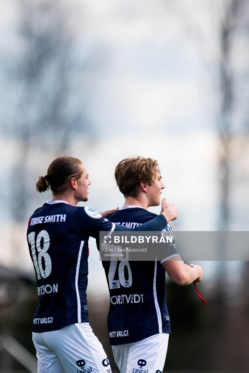 Julian Ryerson and Kristian Thorstvedt of Viking celebrate the 0-1 goal during the OBOS-ligaen match between Ull/Kisa and Viking on April 29, 2018 in Jessheim.