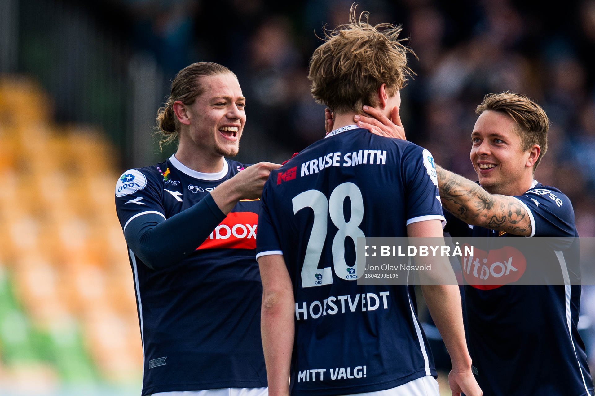 Julian Ryerson, Kristian Thorstvedt and Claes Kronberg of Viking celebrate the 0-1 goal during the OBOS-ligaen match between Ull/Kisa and Viking on April 29, 2018 in Jessheim.