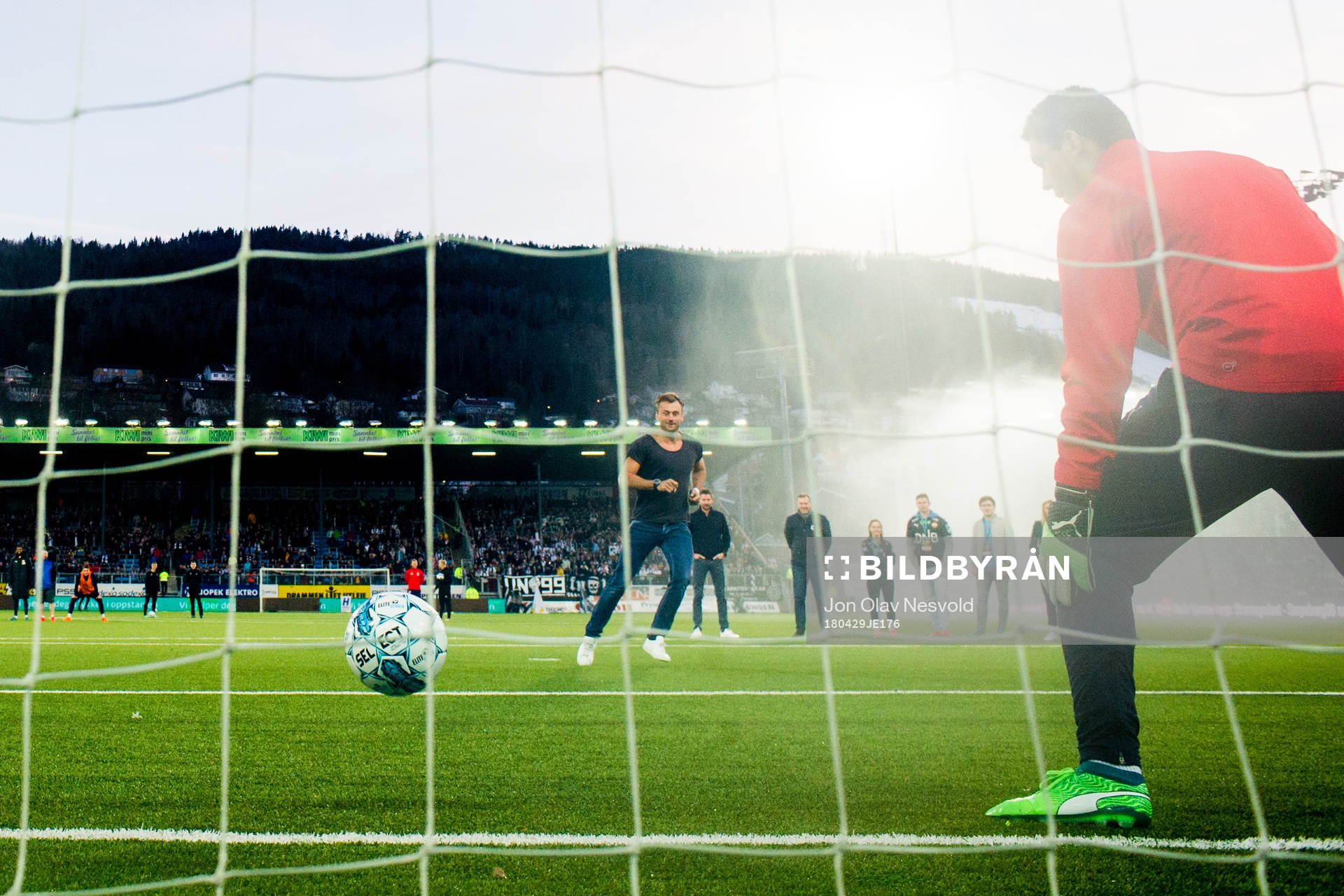 Cross-country skier Petter Northug jr. scores on a penalty in the break between the two halves during the Eliteserien match between Strømsgodset and Rosenborg on April 29, 2018 in Drammen.
