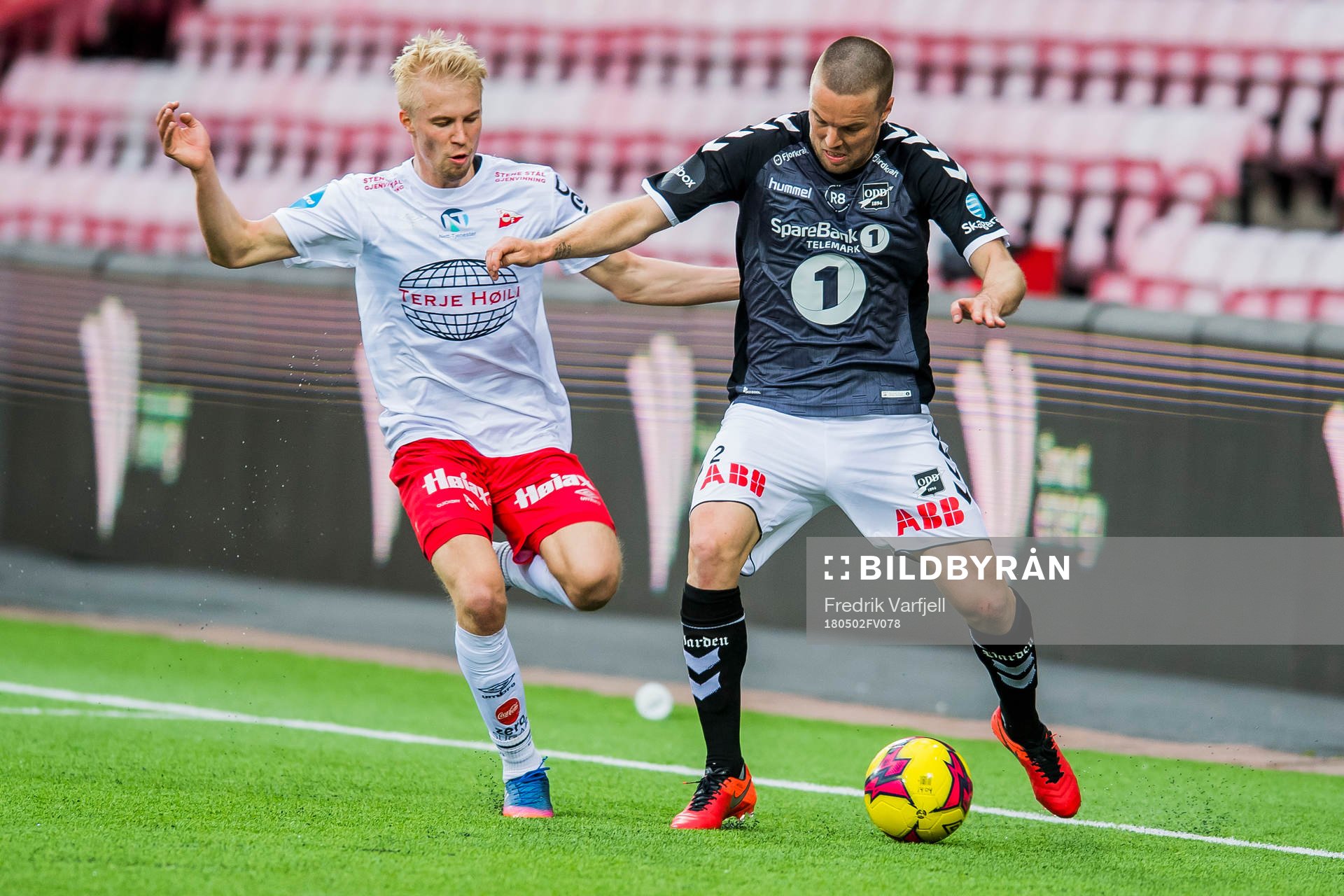 Joona Veteli of Fredrikstad and Espen Ruud of Odd during the cup match between FFK and Odd on May 02, 2018 in Fredrikstad. 