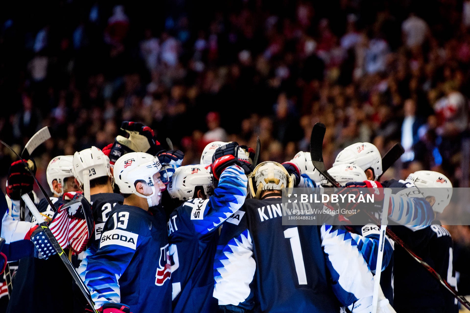Players of USA celebrate with goaltender Keith Kinkaid