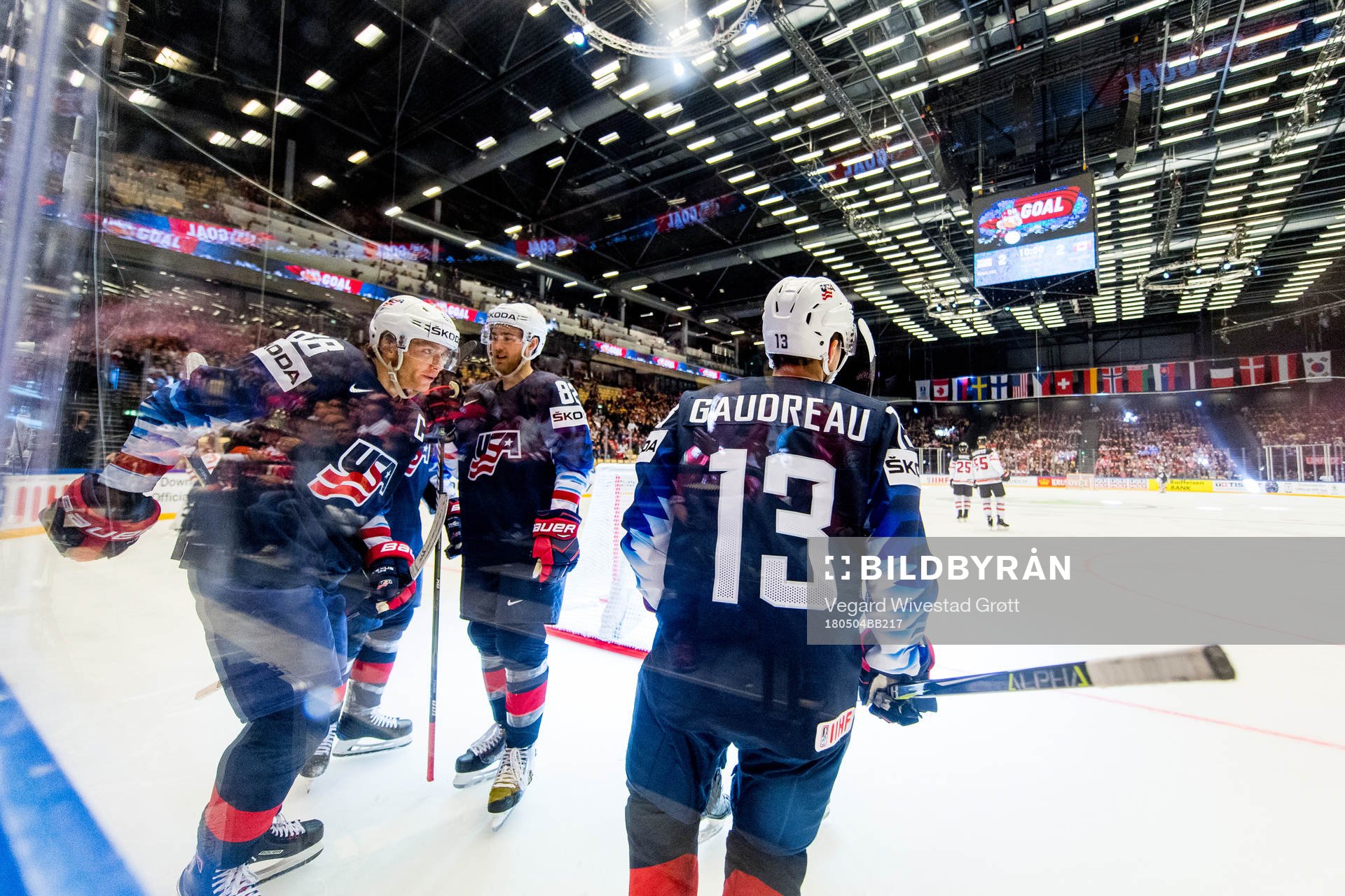 Johnny Gaudreau of USA celebrates with teammates