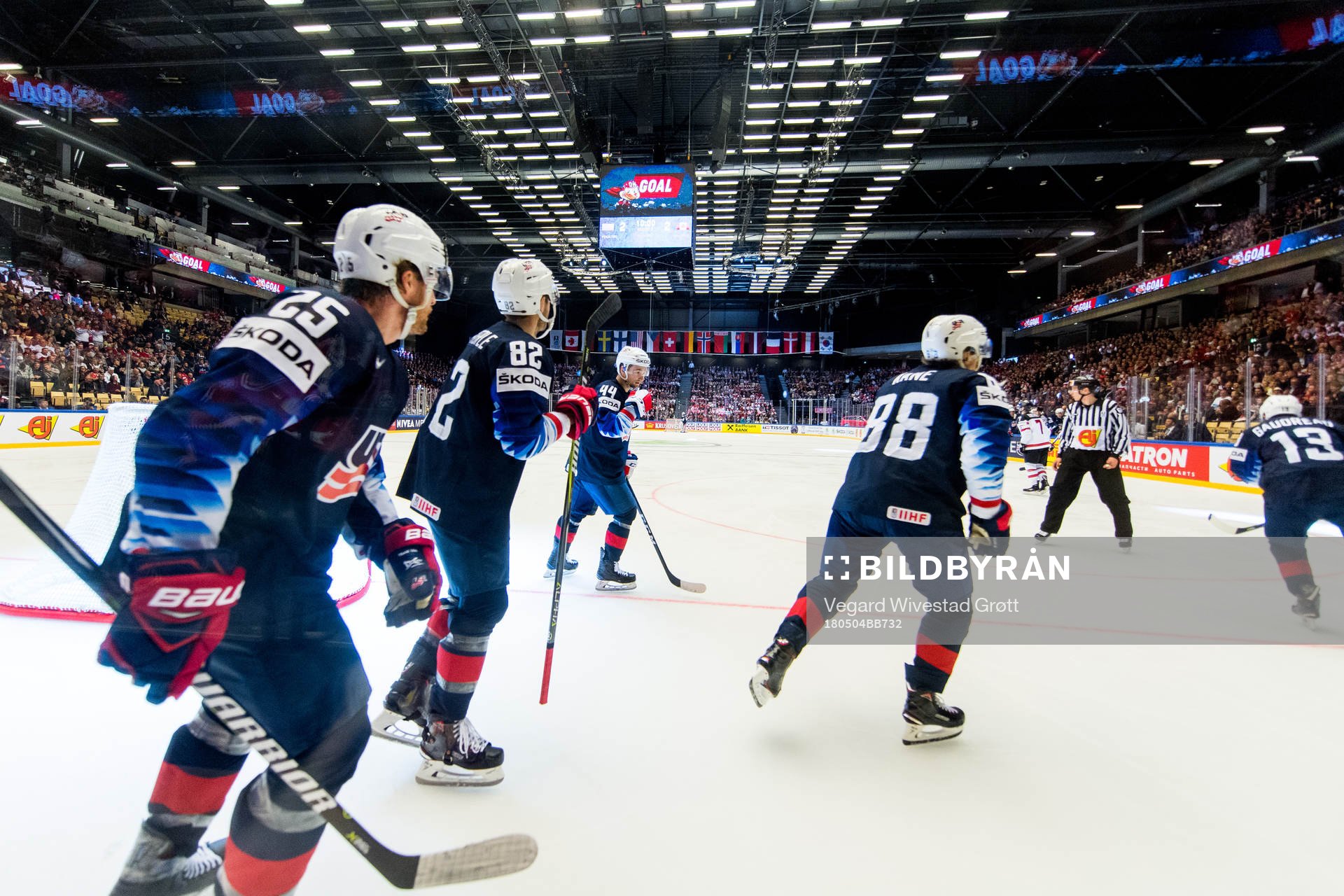 Blake Coleman, Jordan Oesterle and Patrick Kane of USA