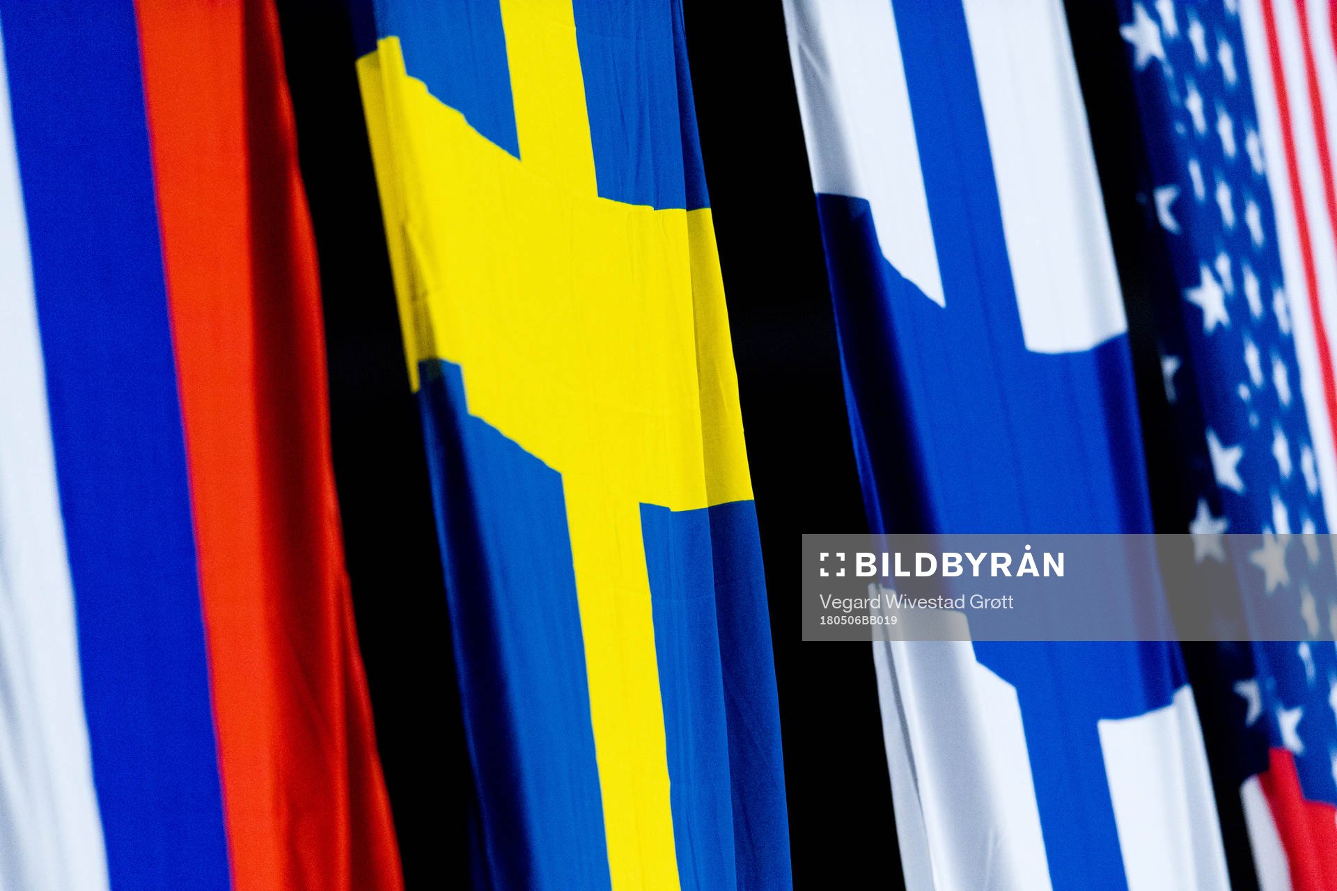 The flags of Russia, Sweden, Finland and USA