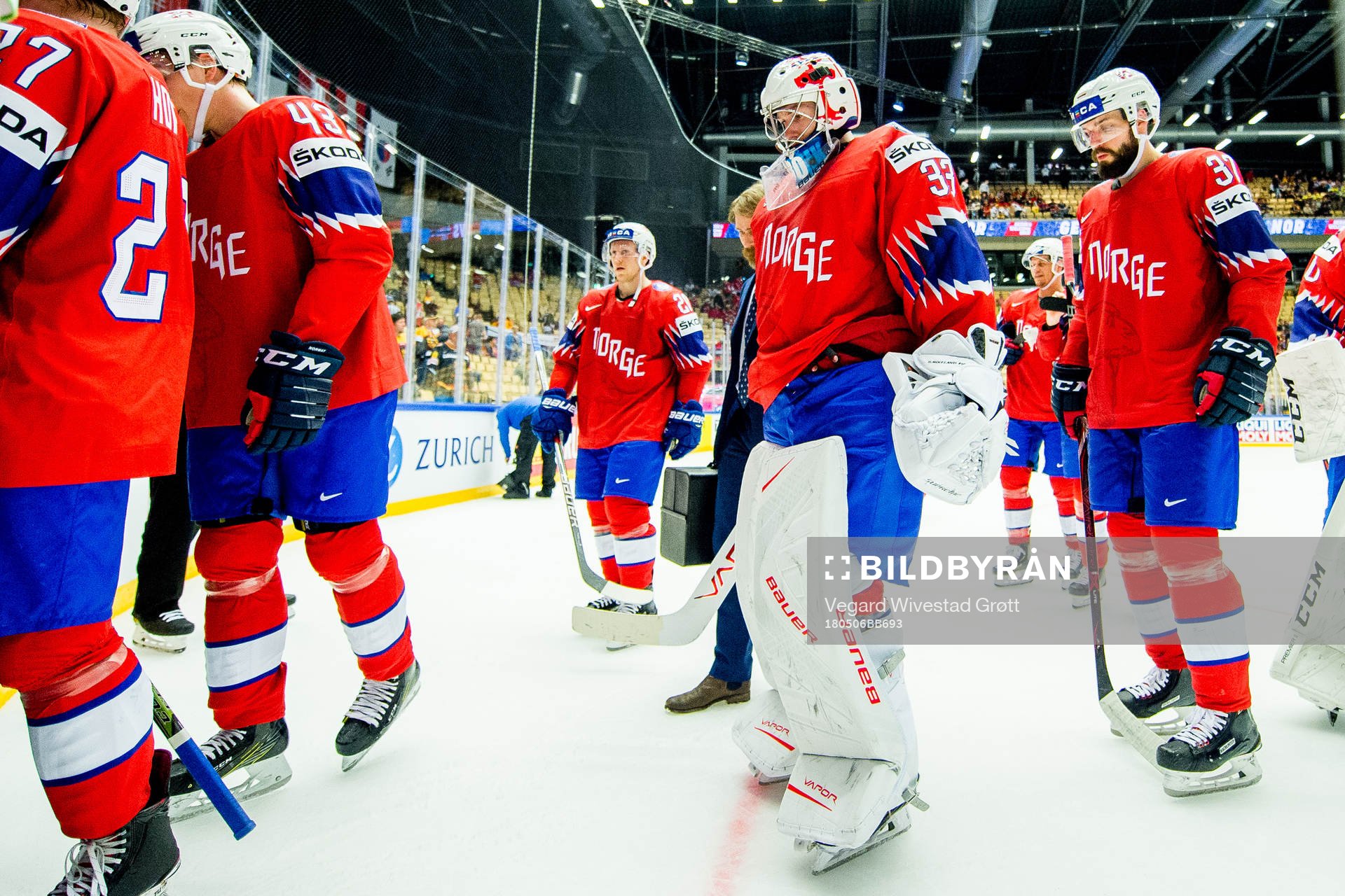 Goaltender Henrik Haukeland and Villiam Strøm of Norway