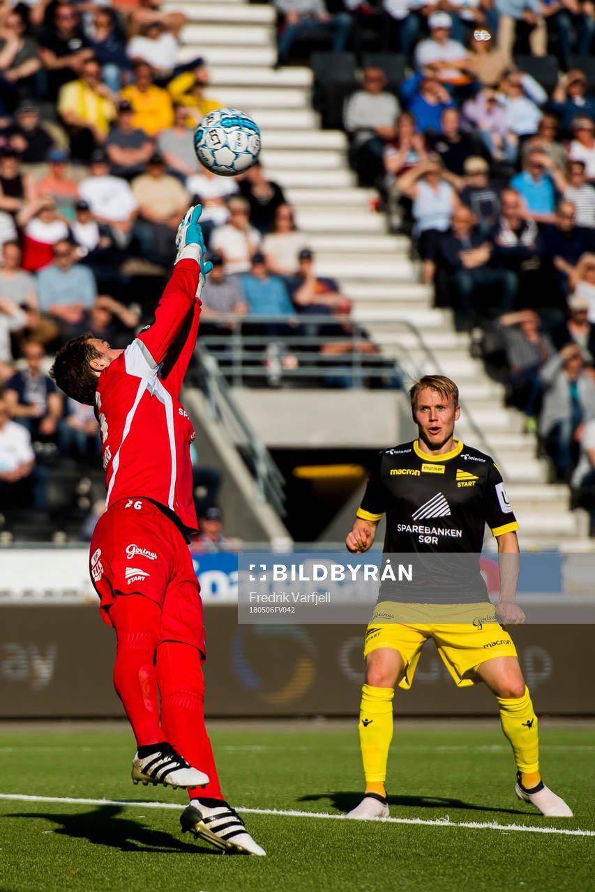 goalkeeper Jonas Deumeland of Start is letting in the 1-0