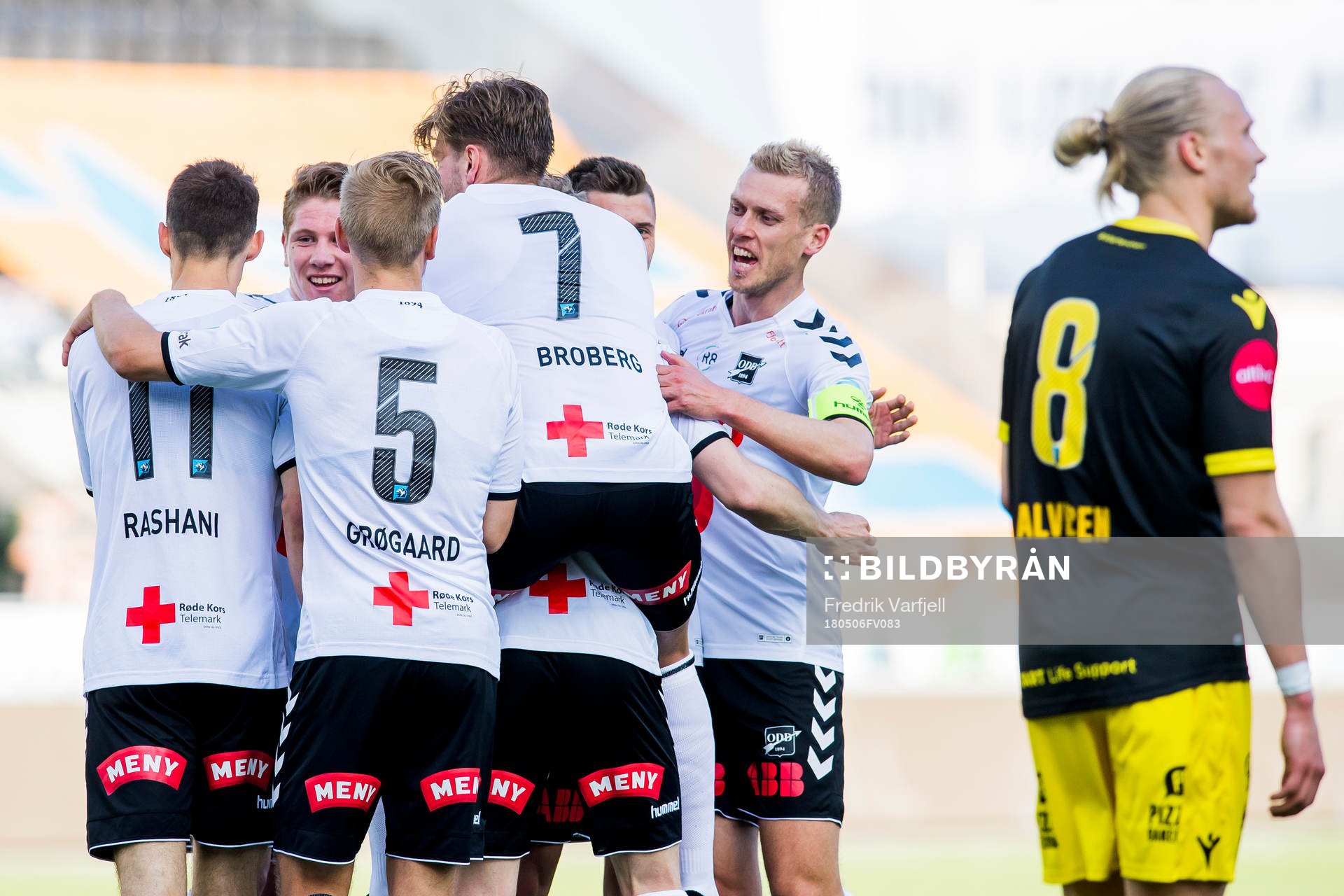 Fredrik Nordkvelle of Odd celebrates with his teammates