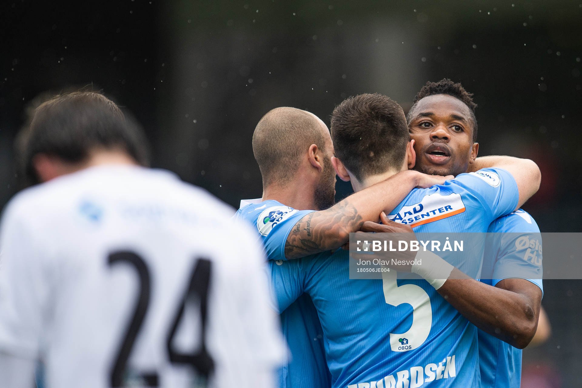 Kachi of Sandnes Ulf celebrate with team mates after scoring 0-1 during the OBOS-ligaen match between Sogndal and Sandnes Ulf on May 6, 2018 in Sogndal.