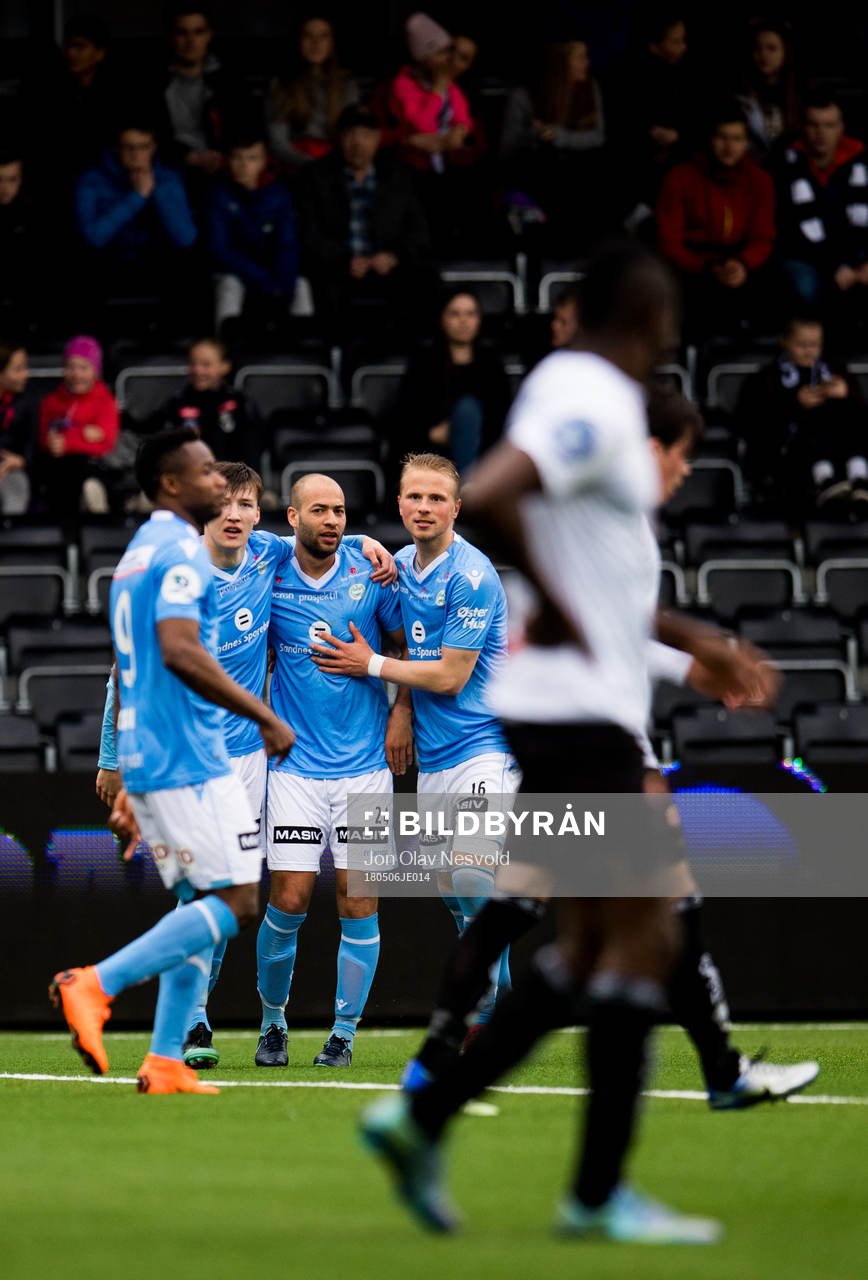 Kristian Brix of Sandnes Ulf celebrates with teammates