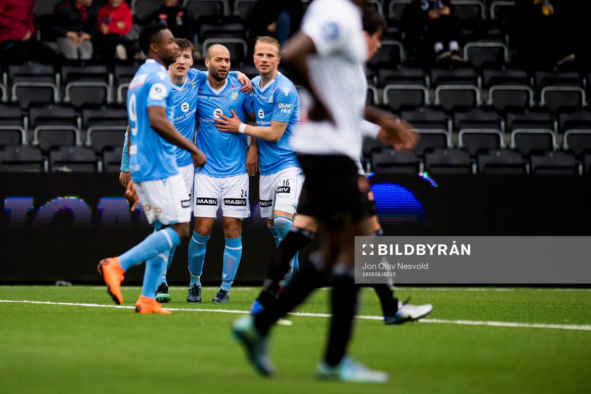 Kristian Brix of Sandnes Ulf celebrates with teammates
