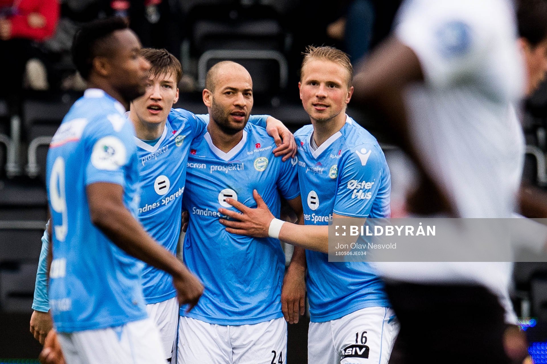Kristian Brix of Sandnes Ulf celebrates with teammates