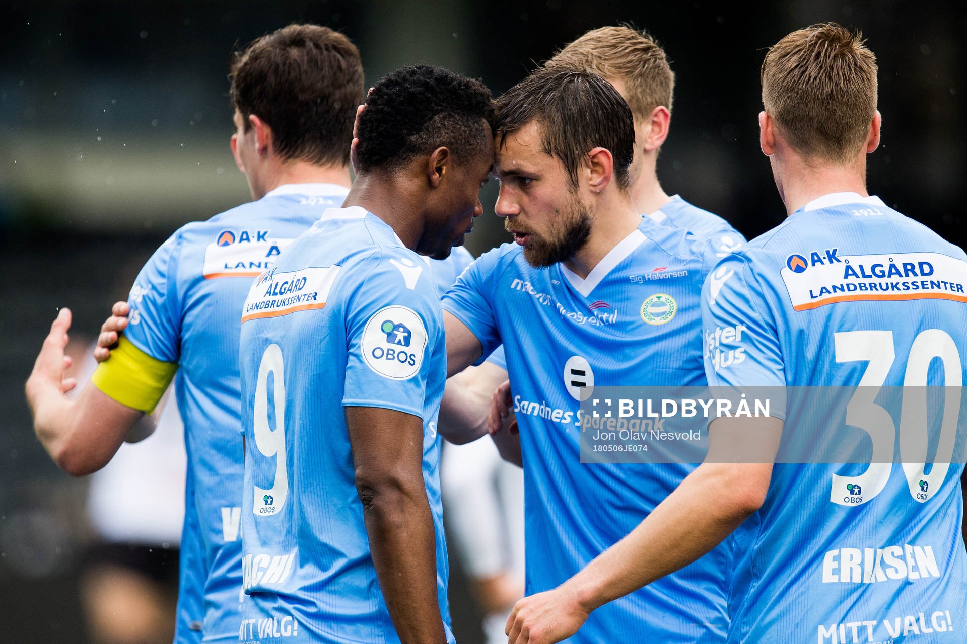 Kachi of Sandnes Ulf celebrates the 0-1 goal with Remi Johansen during the OBOS-ligaen match between Sogndal and Sandnes Ulf on May 6, 2018 in Sogndal.