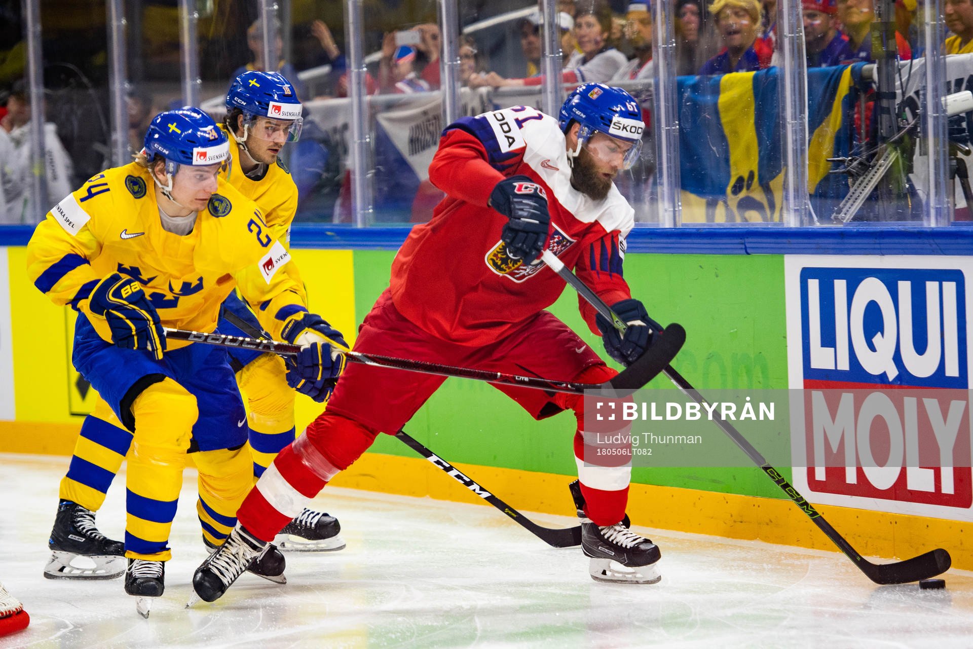 Sveriges Lias Andersson i kamp om pucken Tjeckiens Adam