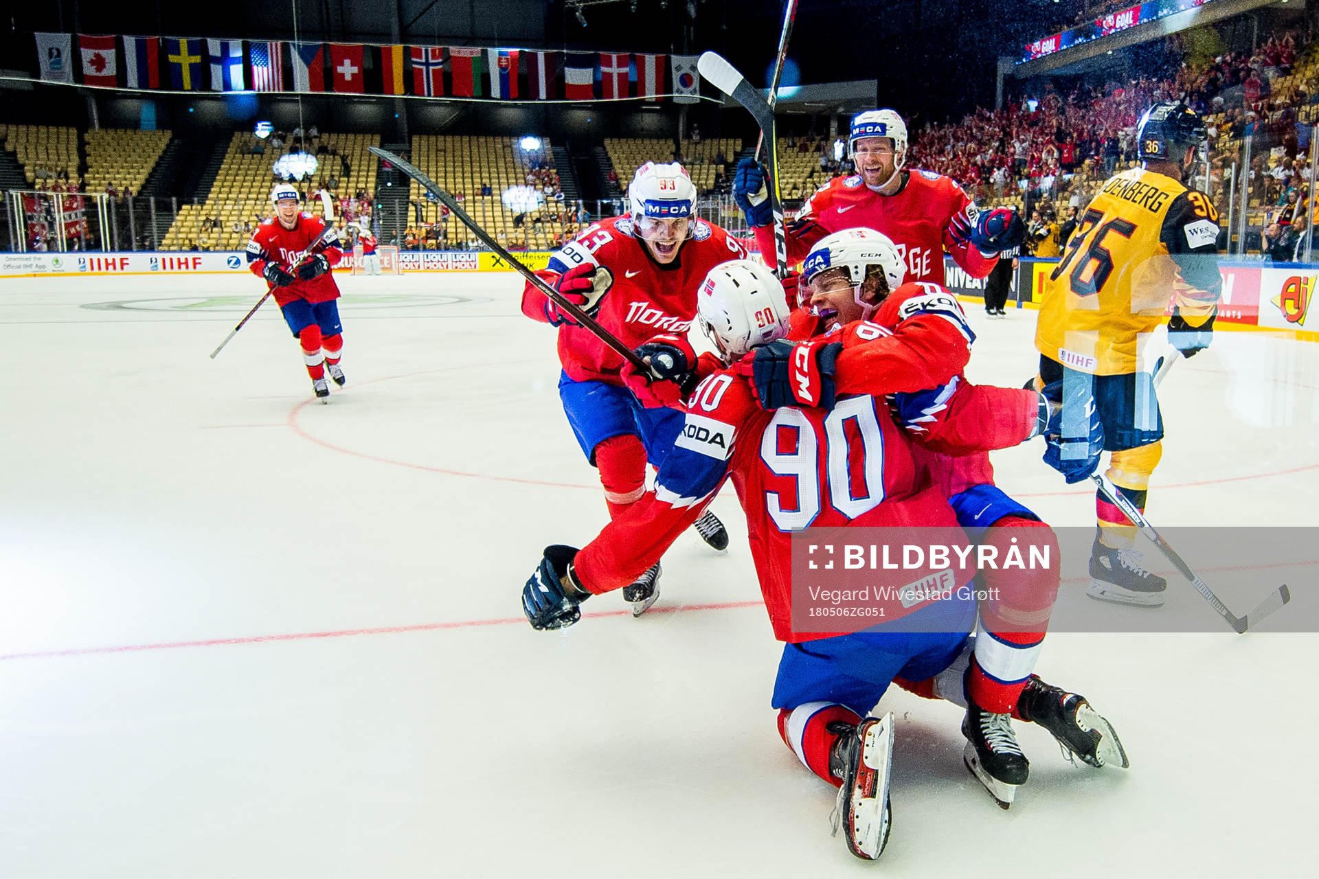 Daniel Sørvik of Norway celebrates with teammate Thomas