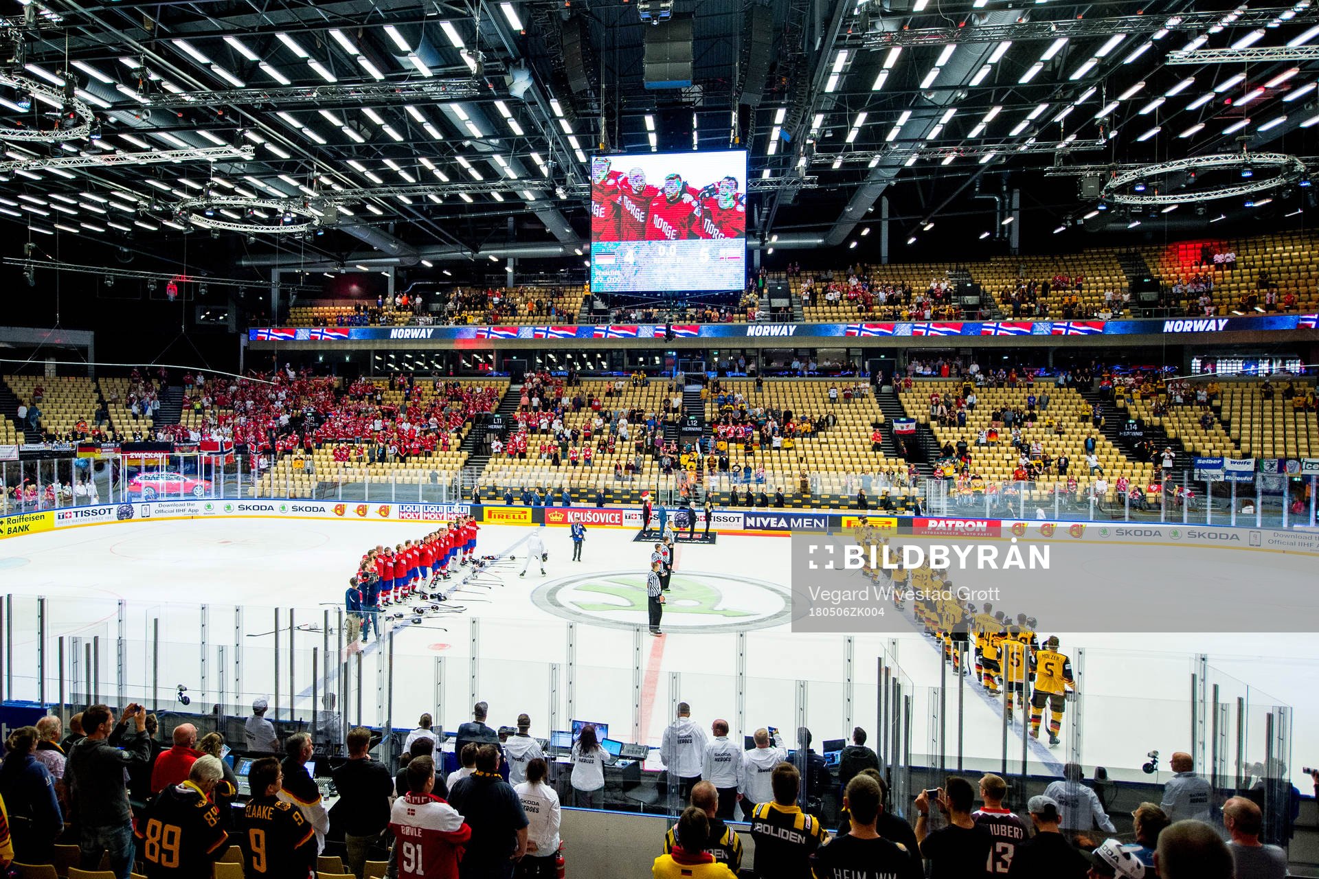 General view of Jyske Bank Boxen as both teams line up for