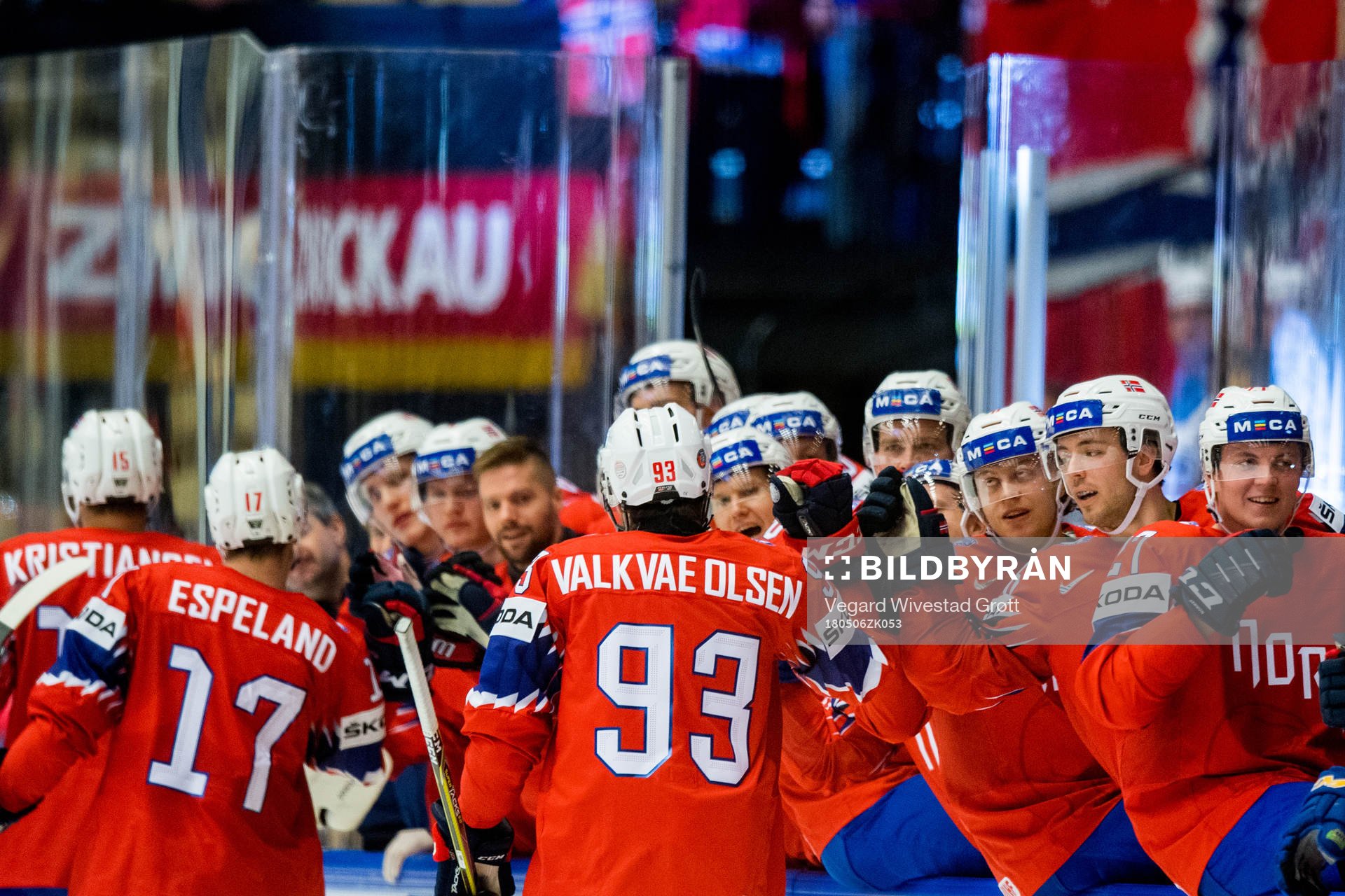 Thomas Valkvæ Olsen of Norway celebrates with teammates