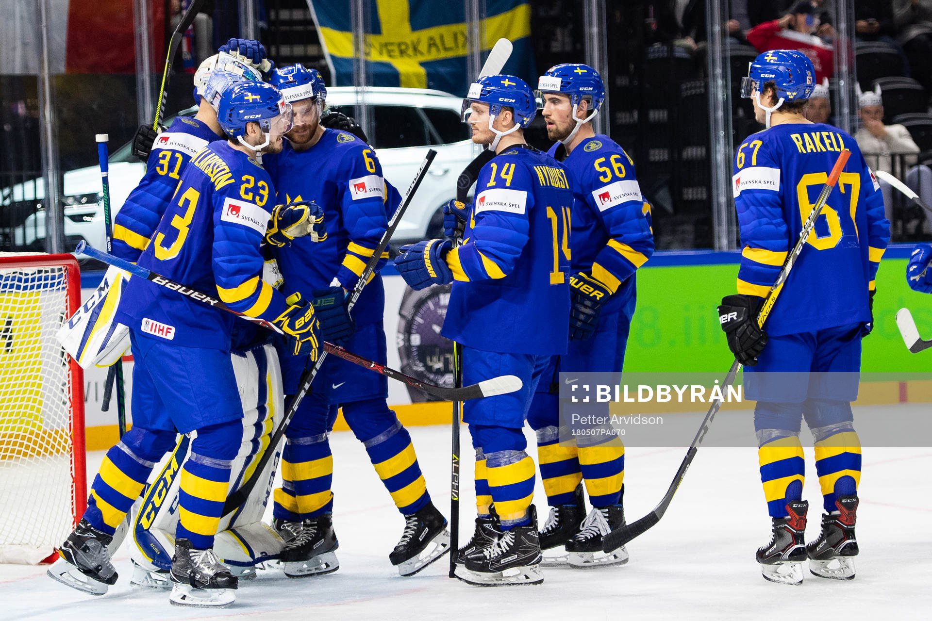 Sveriges målvakt Anders Nilsson jublar med Oliver Ekman