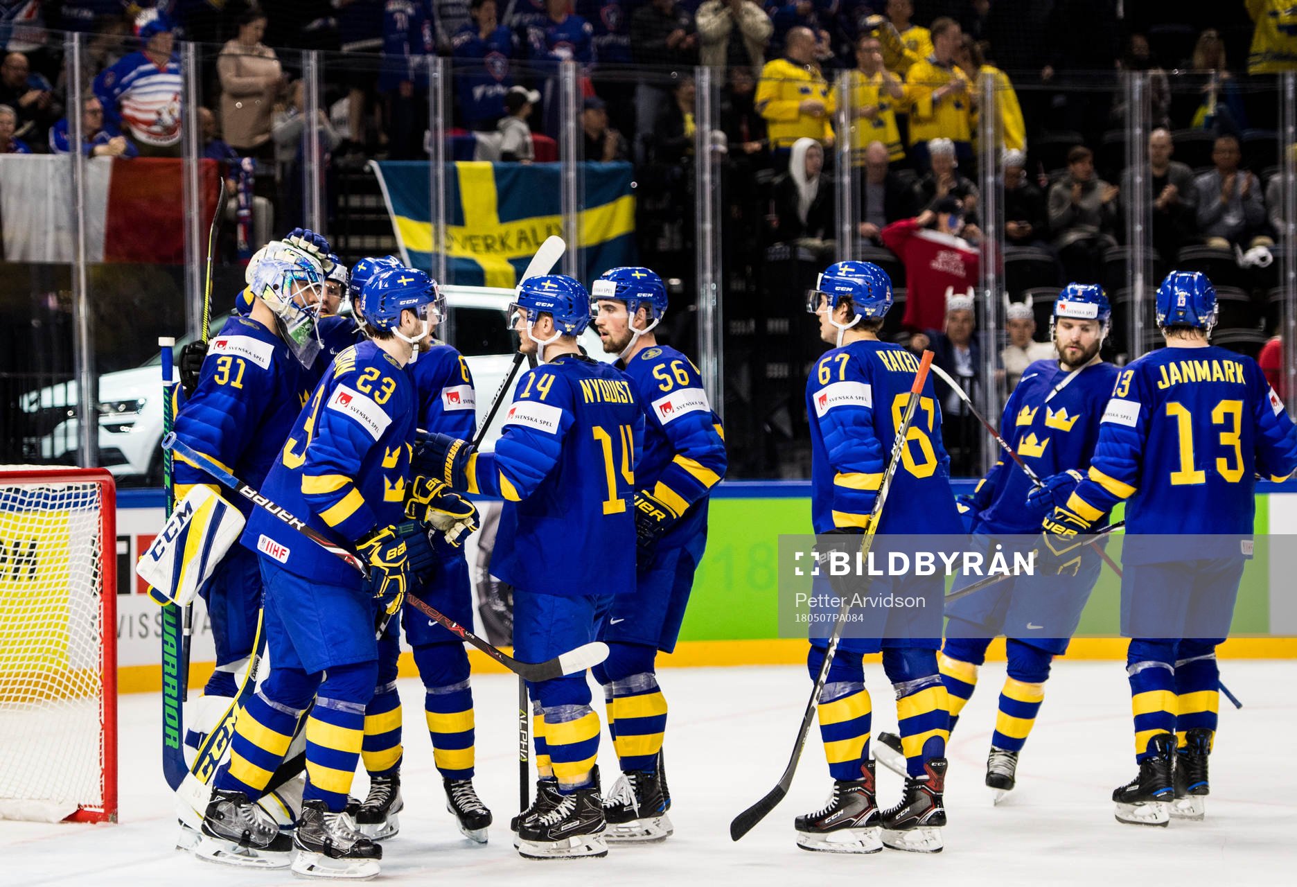 Sveriges spelare jublar med målvakt Anders Nilsson