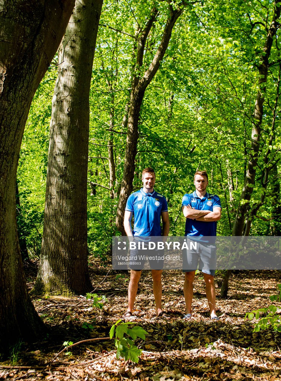 Goaltenders Lars Haugen and Henrik Haukeland of Norway pose