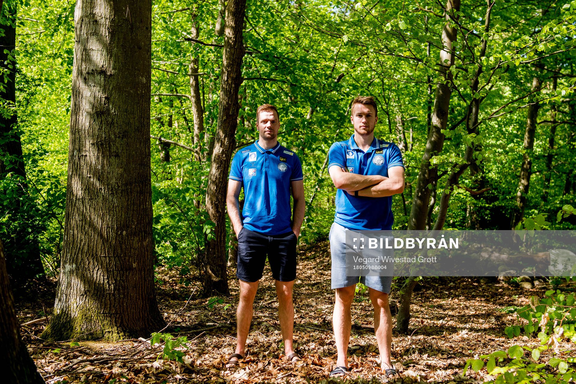 Goaltenders Lars Haugen and Henrik Haukeland of Norway pose