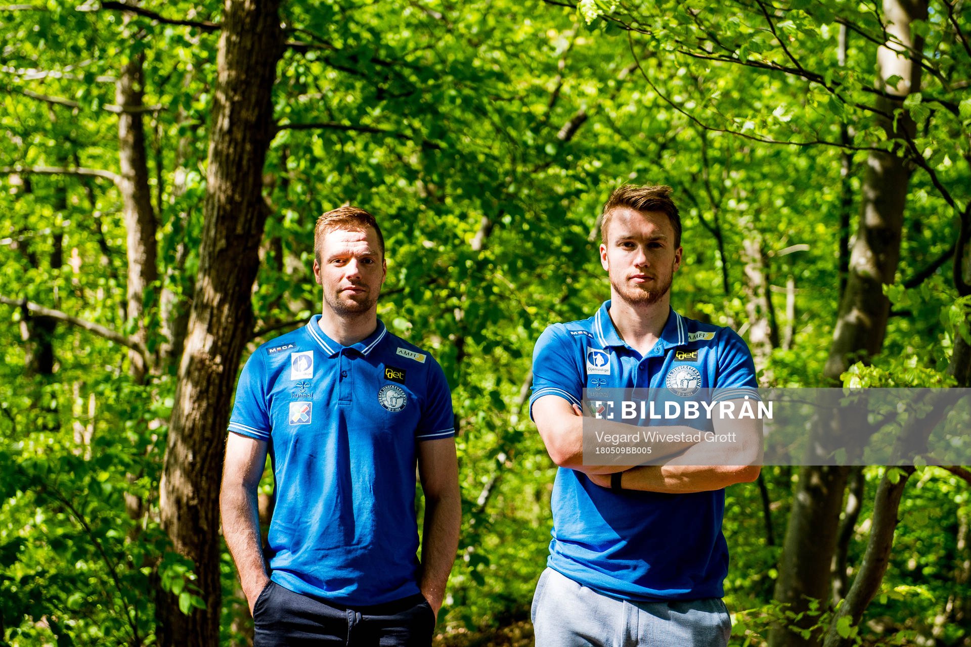 Goaltenders Lars Haugen and Henrik Haukeland of Norway pose