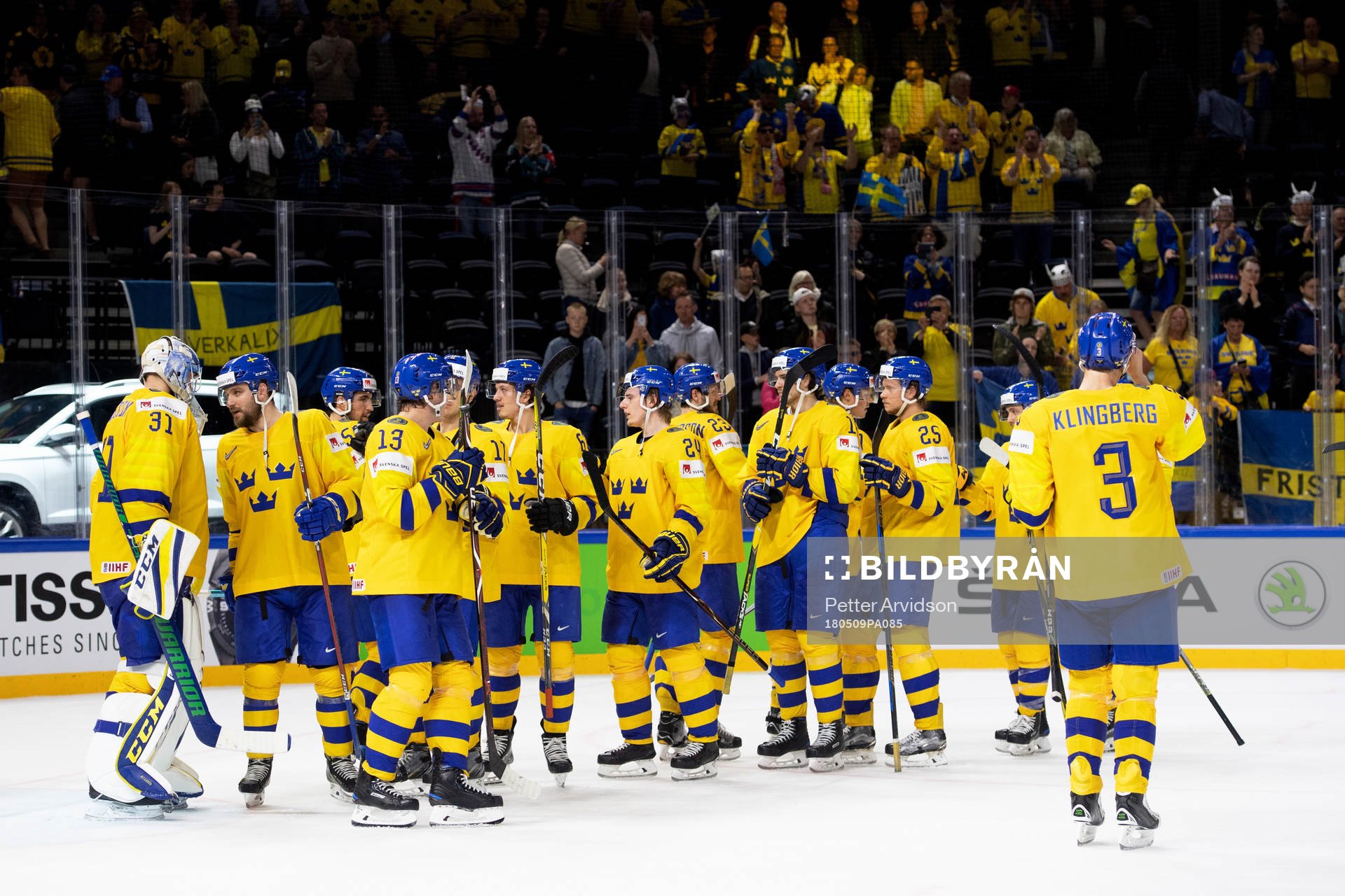 Sveriges målvakt Anders Nilsson jublar med lagkamrater